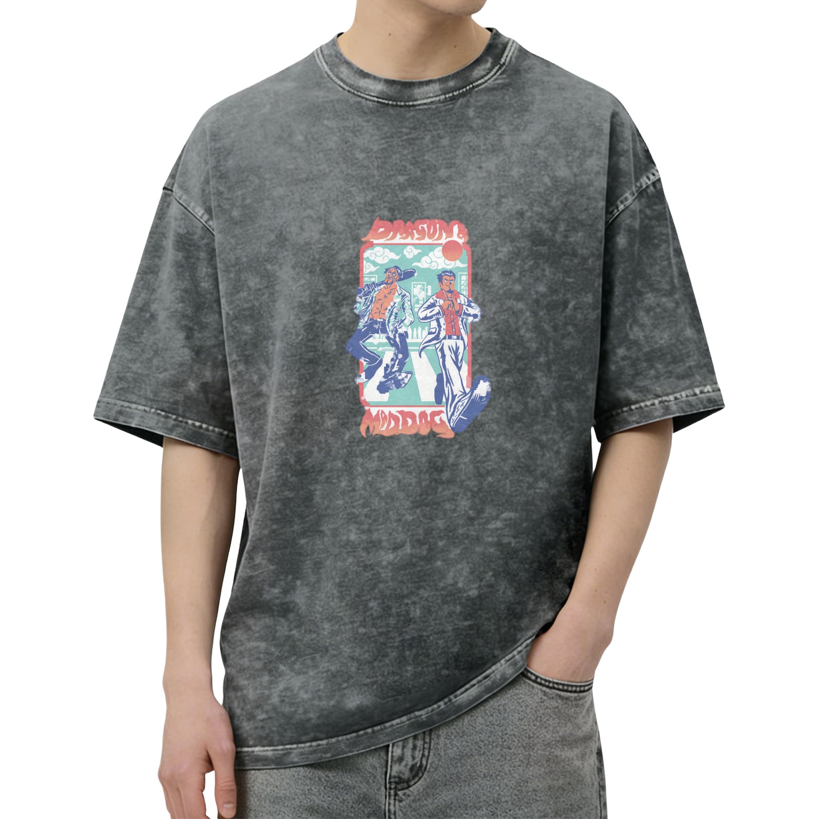 Vintage Washed Graphic T-Shirt with Retro Street Characters Print