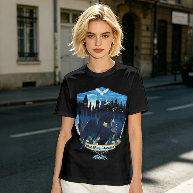 Olive t-shirt with Ravenclaw house crest night castle design