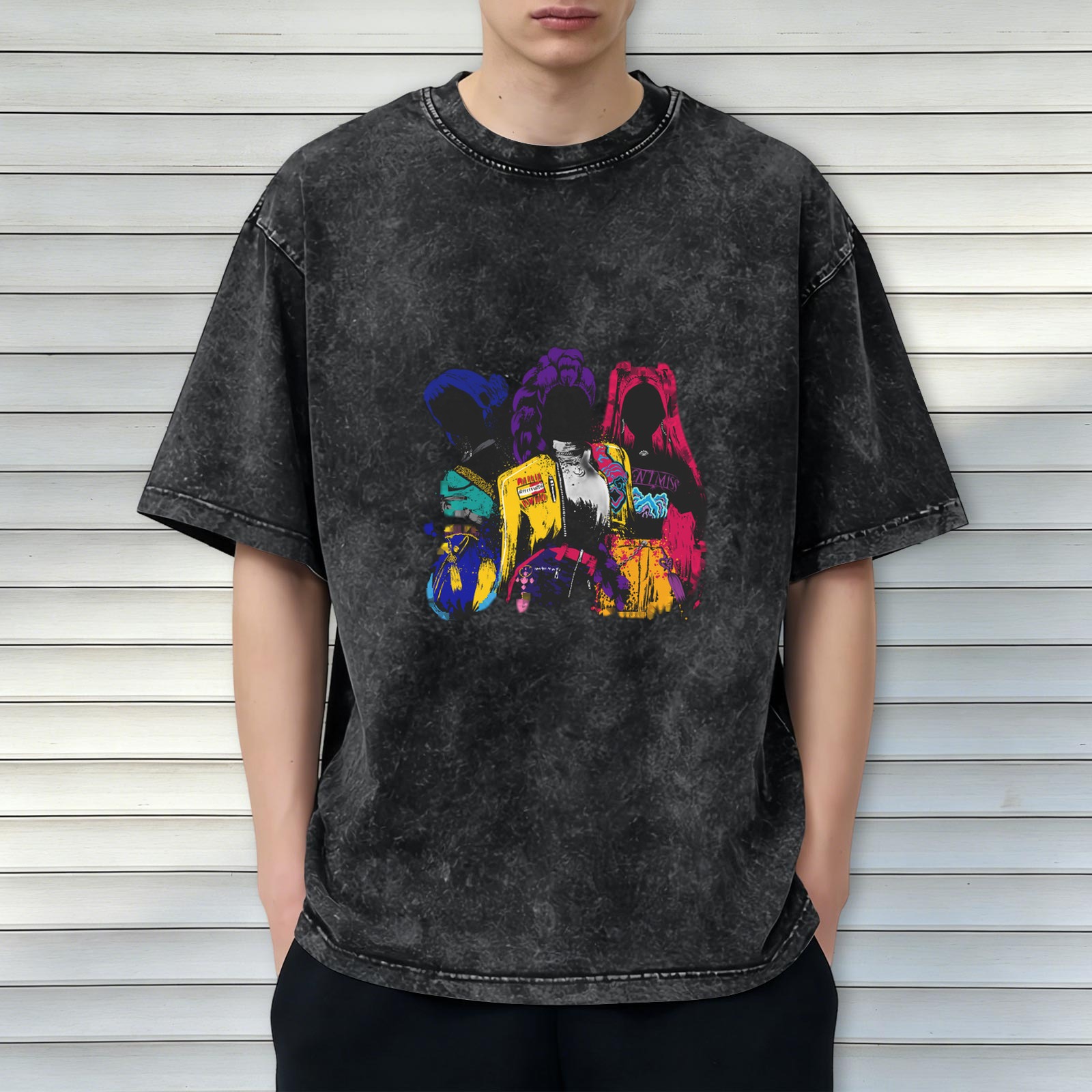 Washed Black Oversized T-Shirt with Colorful Graphic Figures
