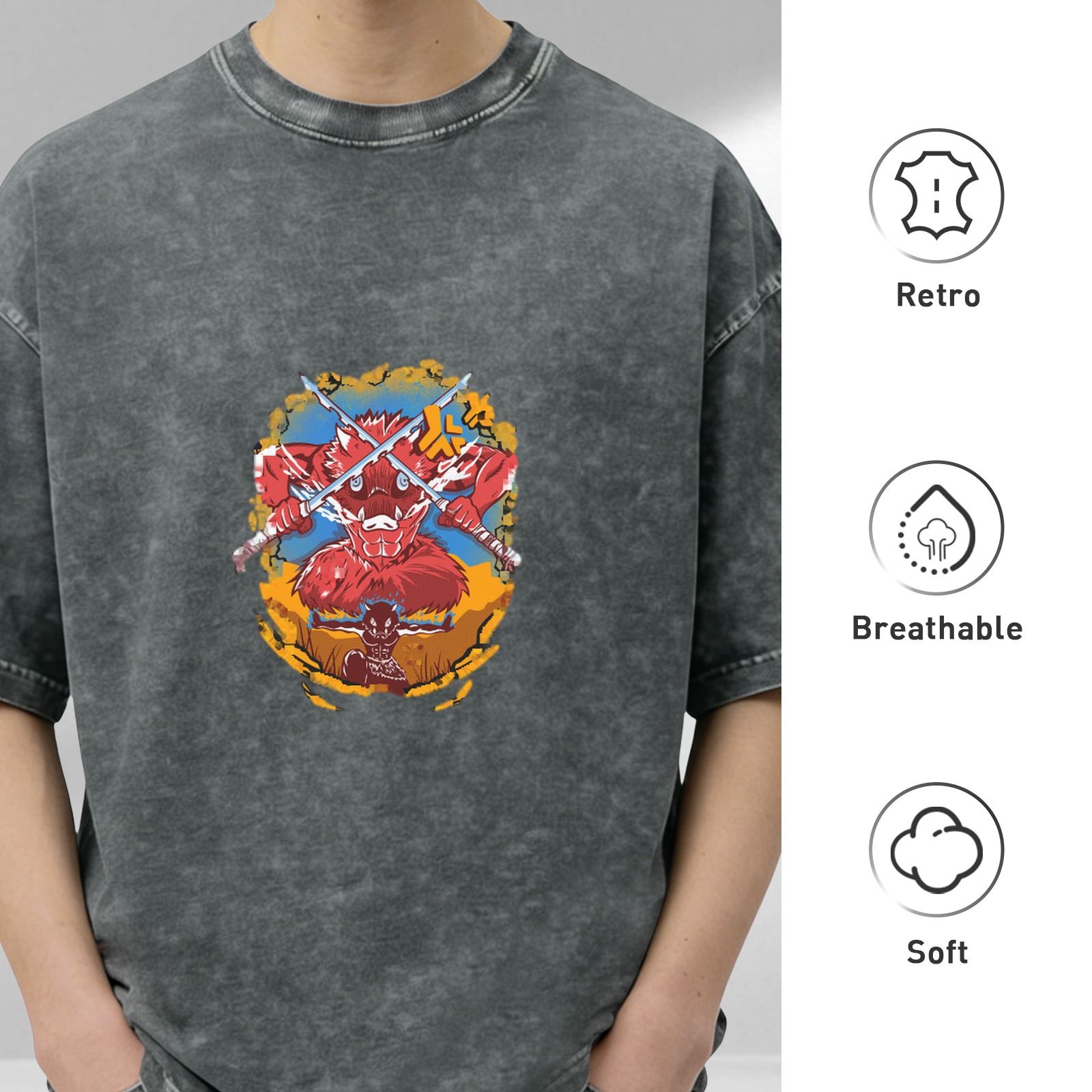 Oversized Acid Wash T-Shirt With Anime Demon Slayer Graphic Print