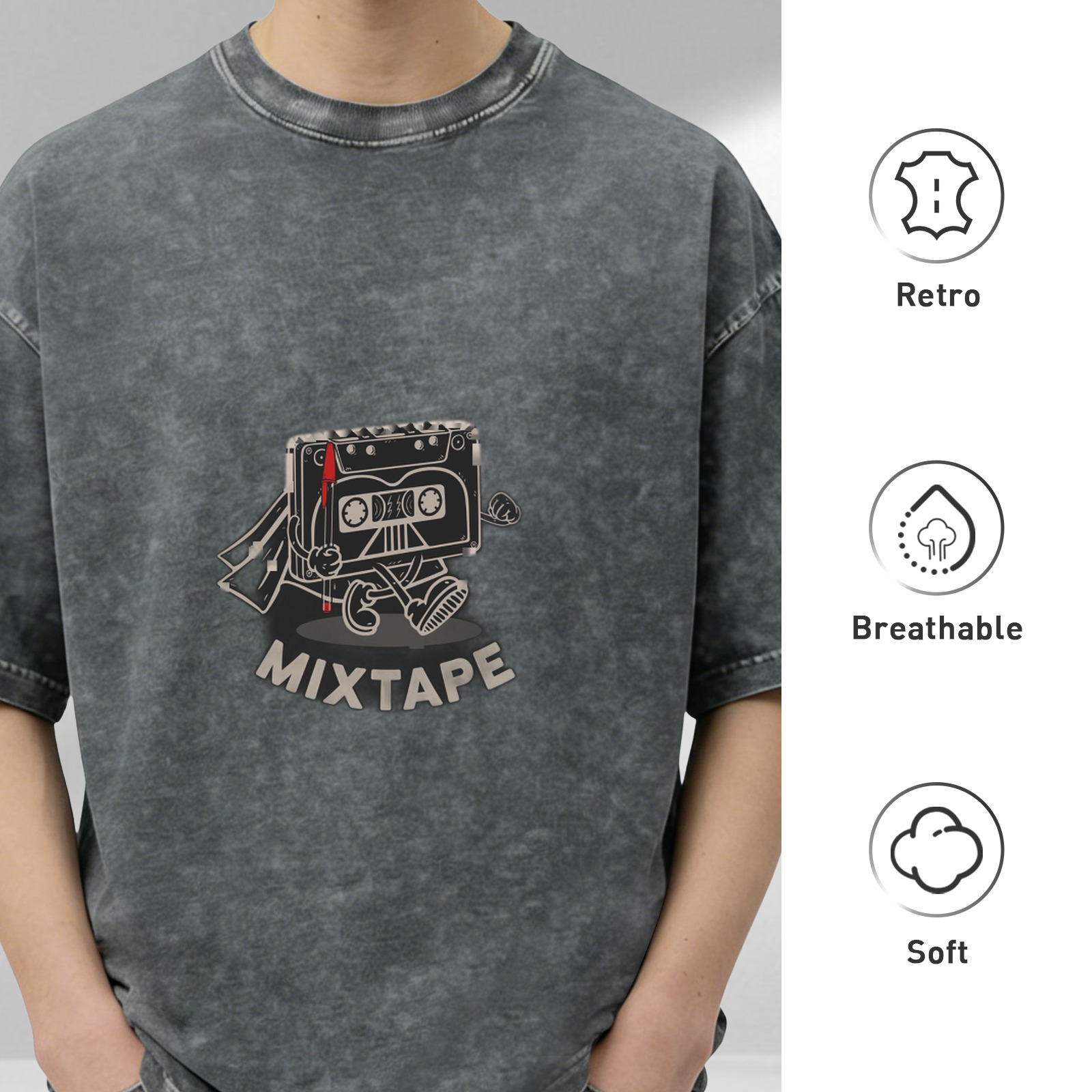 Vintage Acid Wash T-Shirt with Cartoon Mixtape Graphic