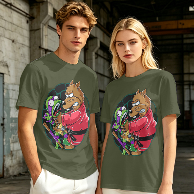 Olive T-shirt with Splinter Grabbing Donatello Ninja Turtle Art