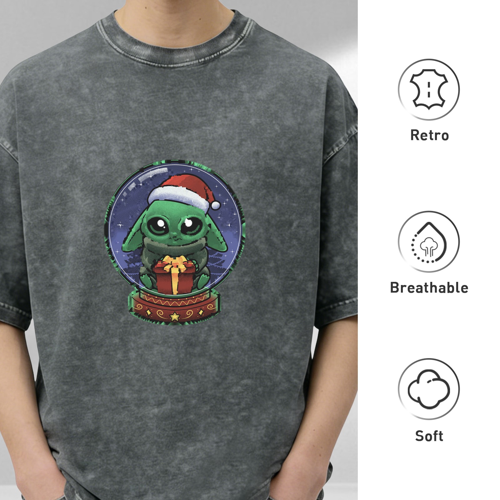Washed black t-shirt with Baby Yoda in Christmas snow globe graphic