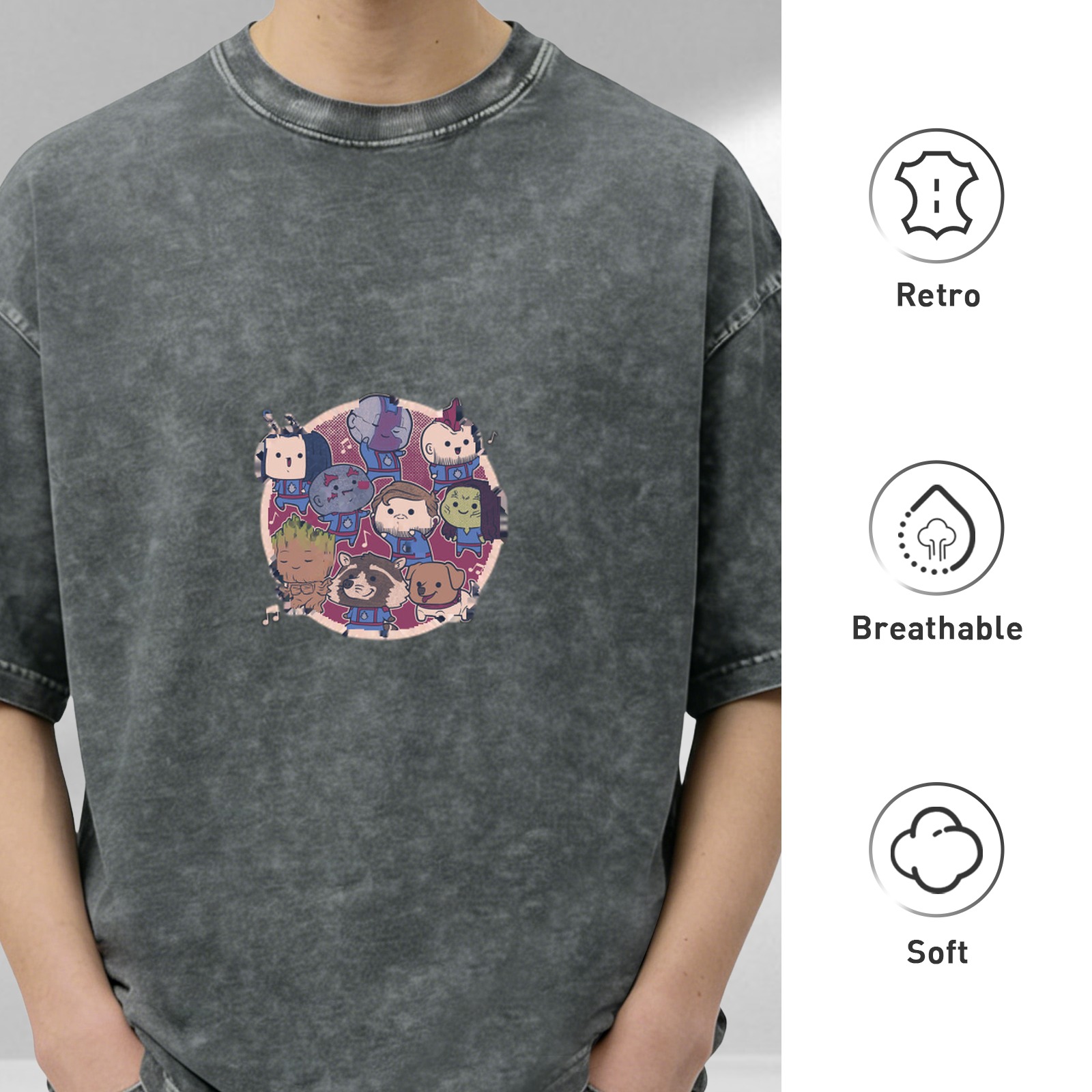 Washed black graphic t-shirt with chibi guardians of the galaxy print