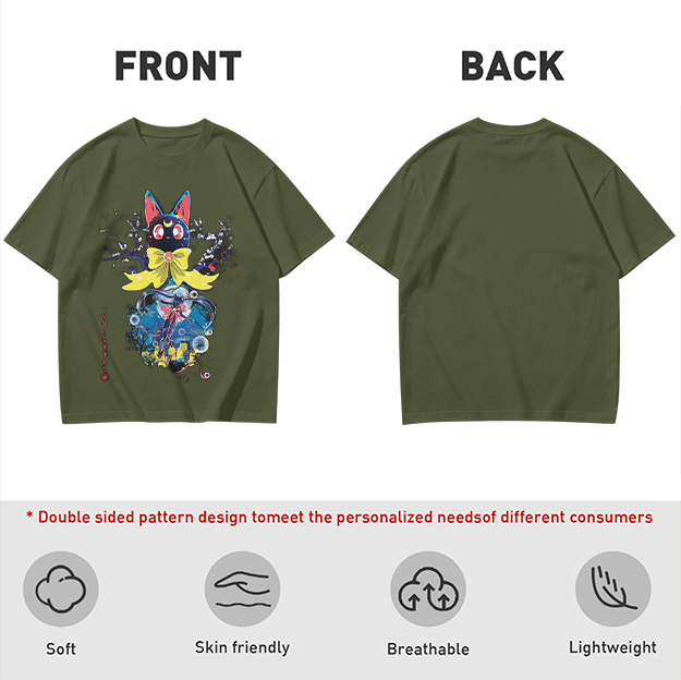 Olive T-Shirt with Black Cat Anime Art Print