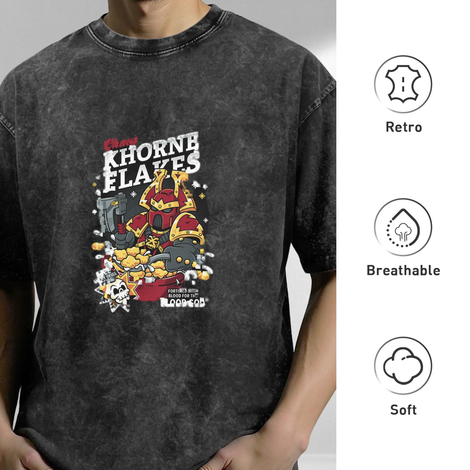 Warhammer 40k Khorne Flakes Parody Graphic Acid Wash T-Shirt
