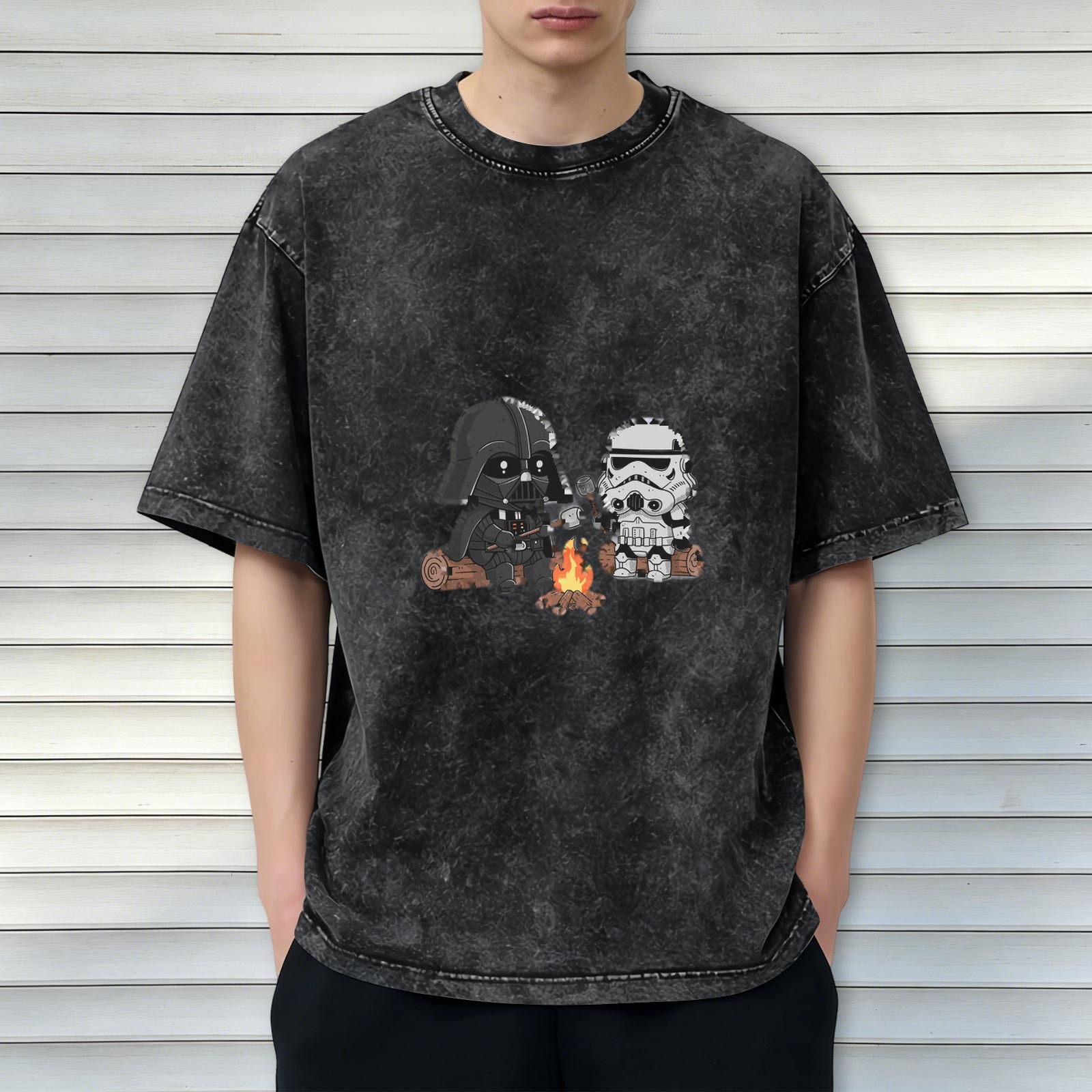 Washed Cotton T-Shirt with Cute Star Wars Characters Camping Graphic