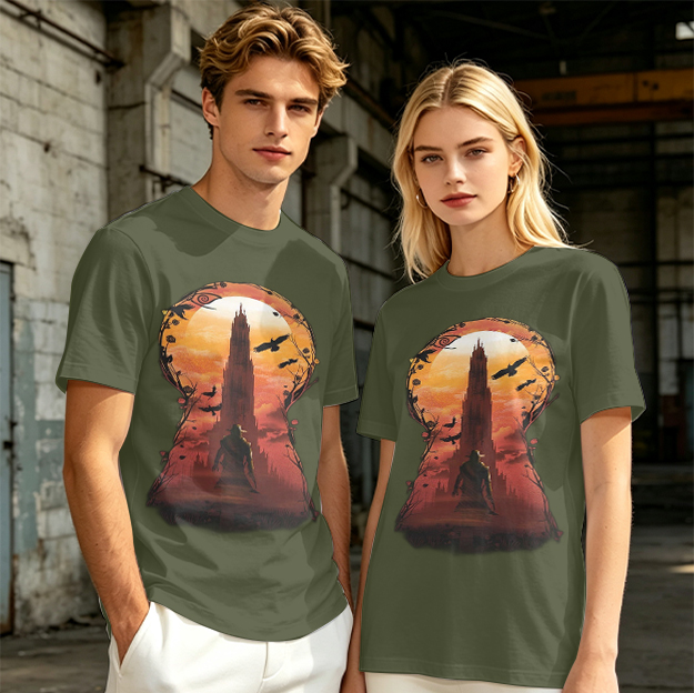 Olive T-Shirt with Keyhole Sunset Tower Art Print