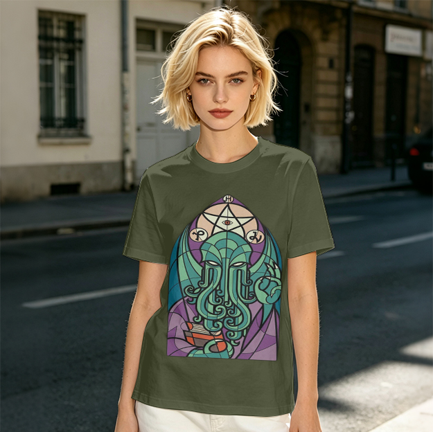 Olive T-Shirt with Stained Glass Style Cthulhu Occult Print