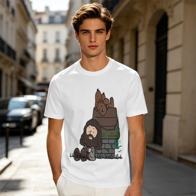 Olive T-Shirt With Cartoon Bearded Man And Doghouse Print