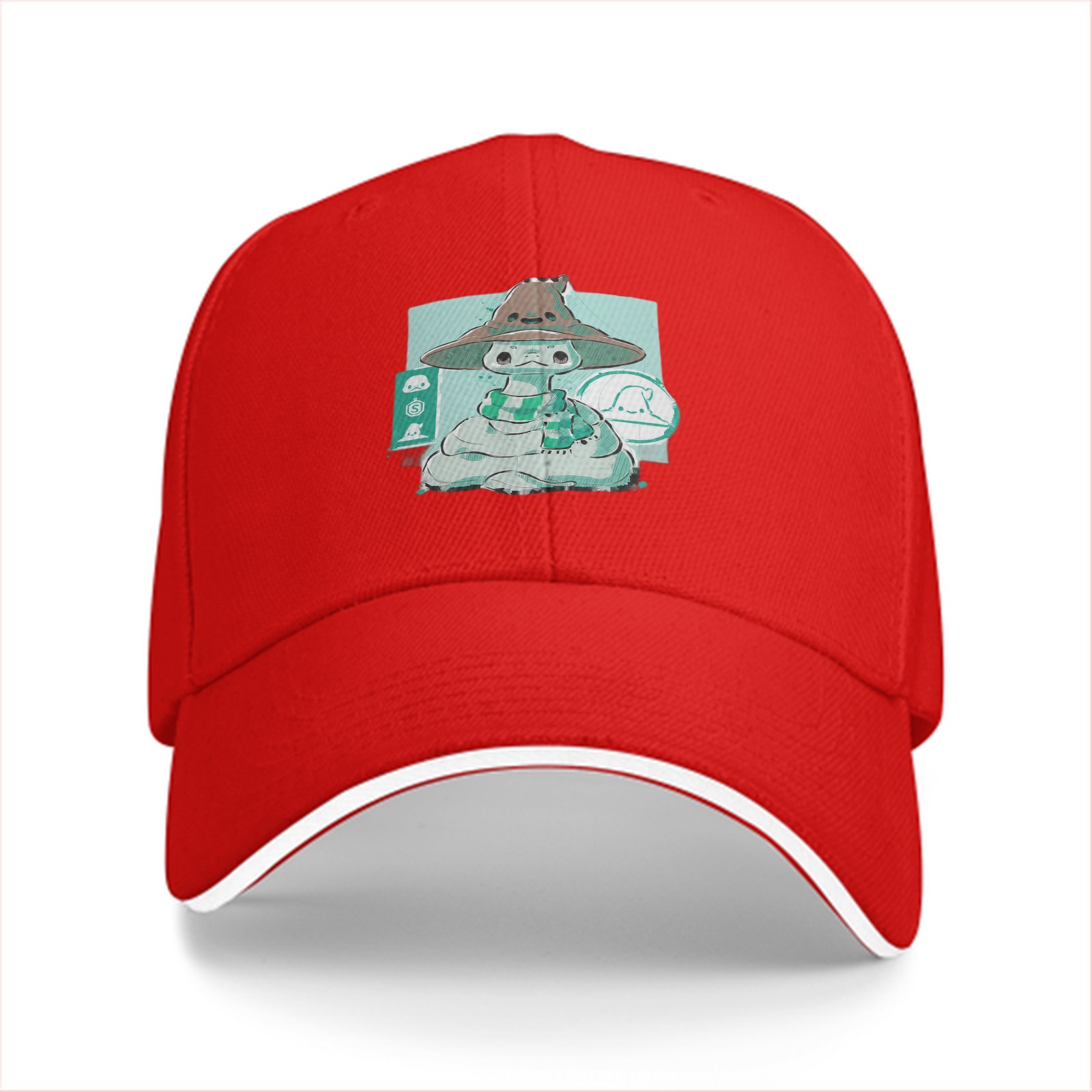 Black Baseball Cap With Cute Witch Snake Character Graphic