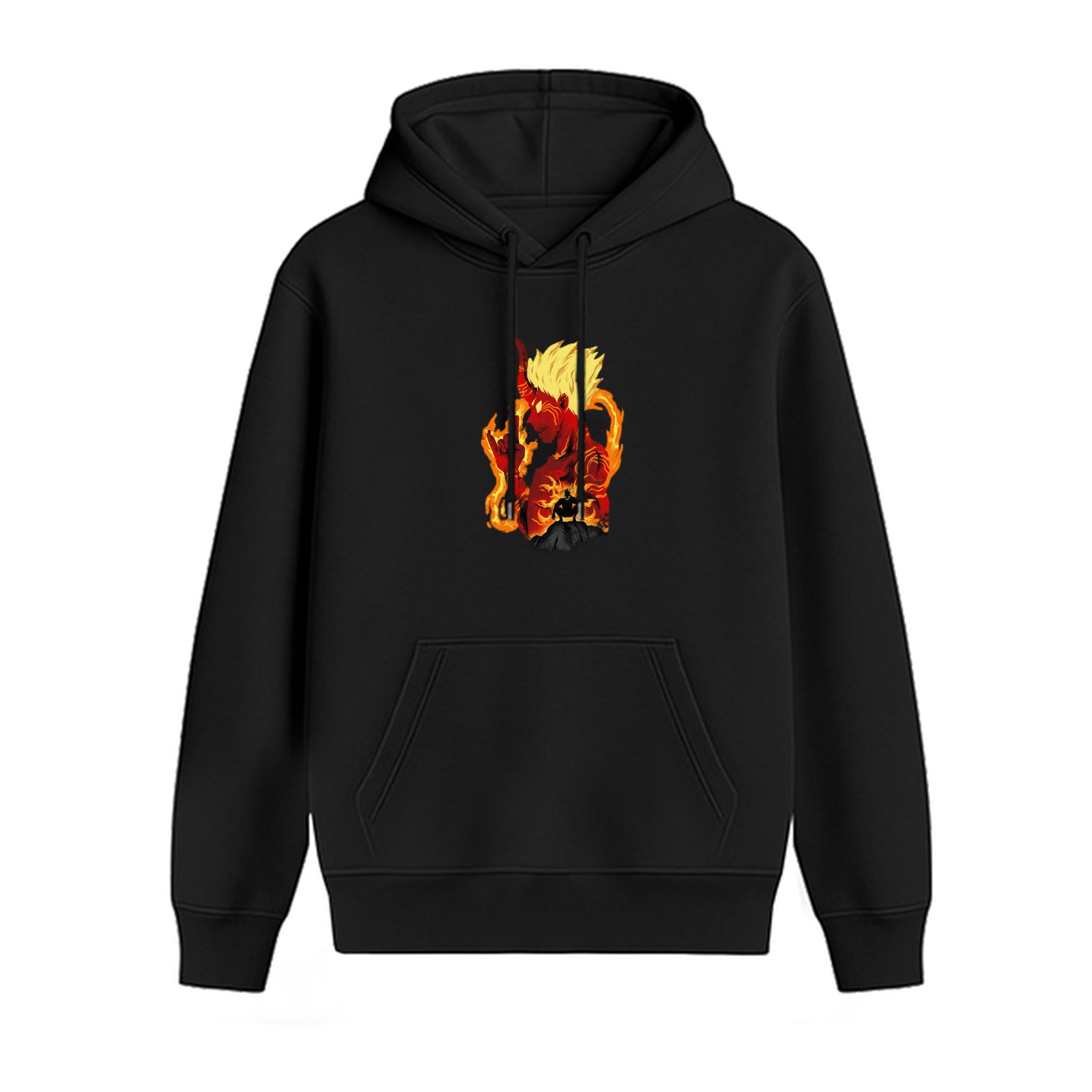 Black Hoodie With Fiery Anime Demon Character Graphic