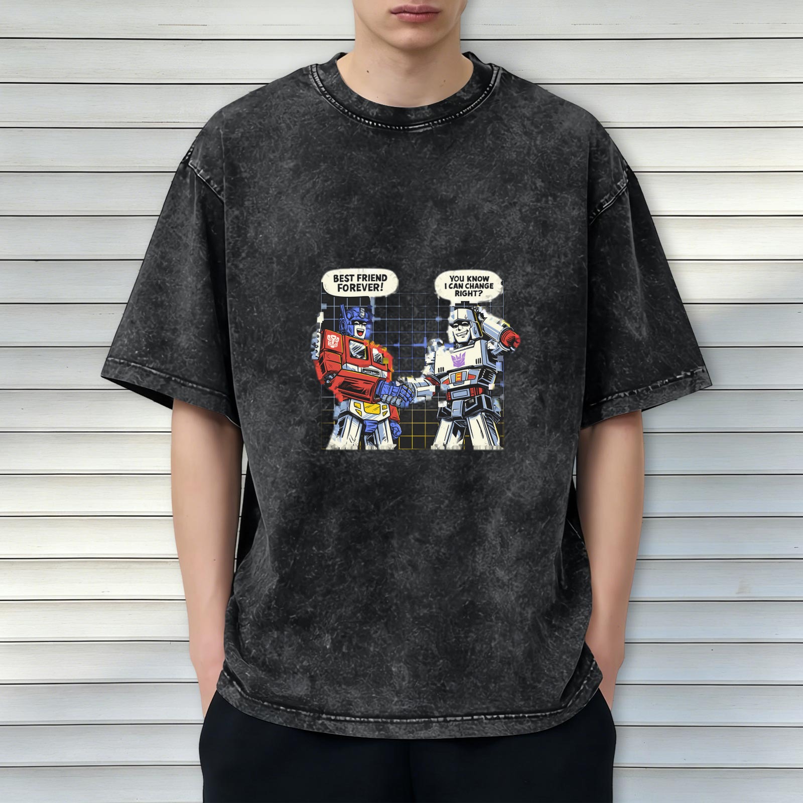 Washed graphic tee with Transformers best friends forever joke print