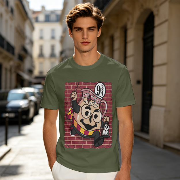 Olive T-shirt with Harry Potter themed pitcher graphic
