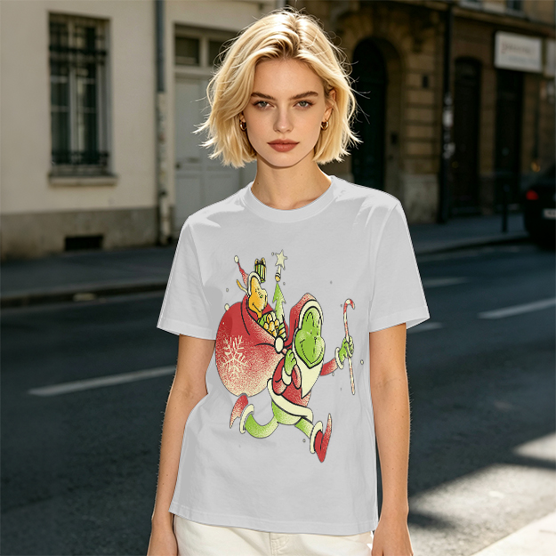 Olive T-shirt with Grinch Santa Christmas Graphic Design