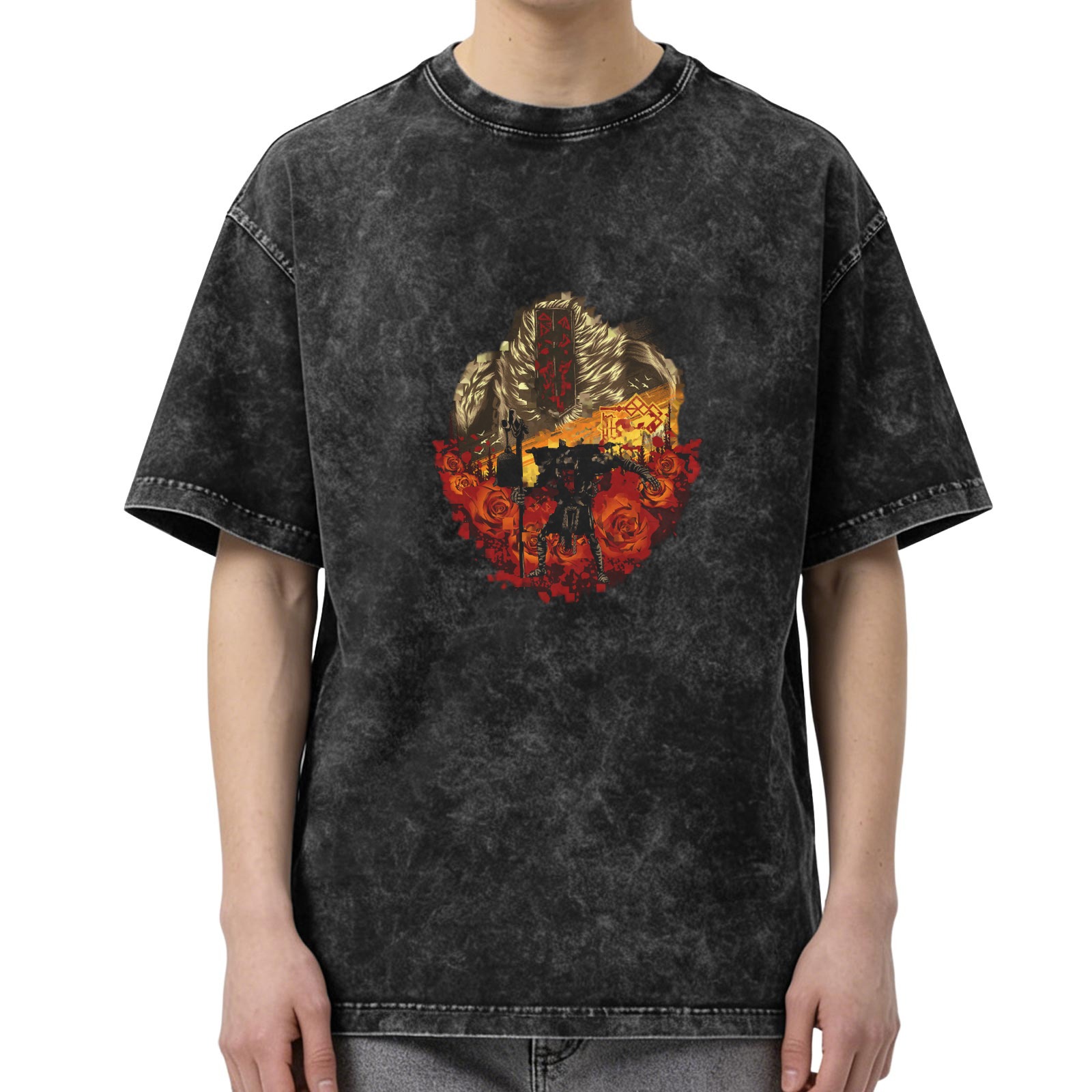 Oversized Acid Wash T-Shirt With Dark Fantasy Warrior Graphic
