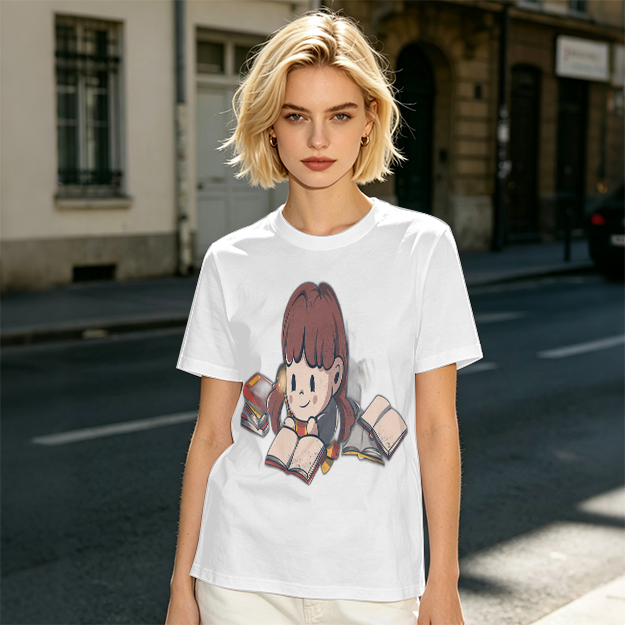 Olive T-shirt with Charming Girl Reading Books Graphic