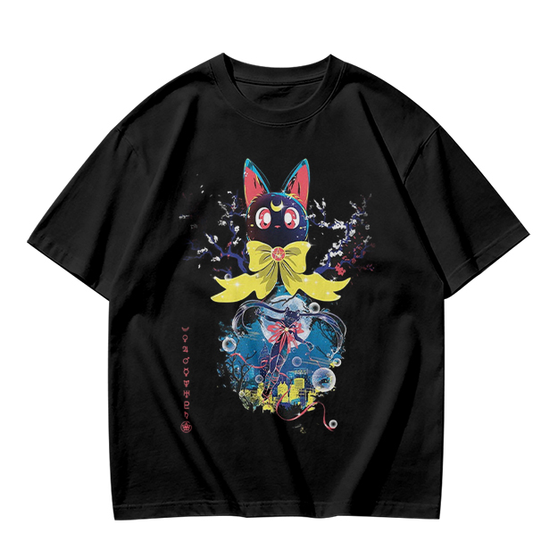 Olive T-Shirt with Black Cat Anime Art Print