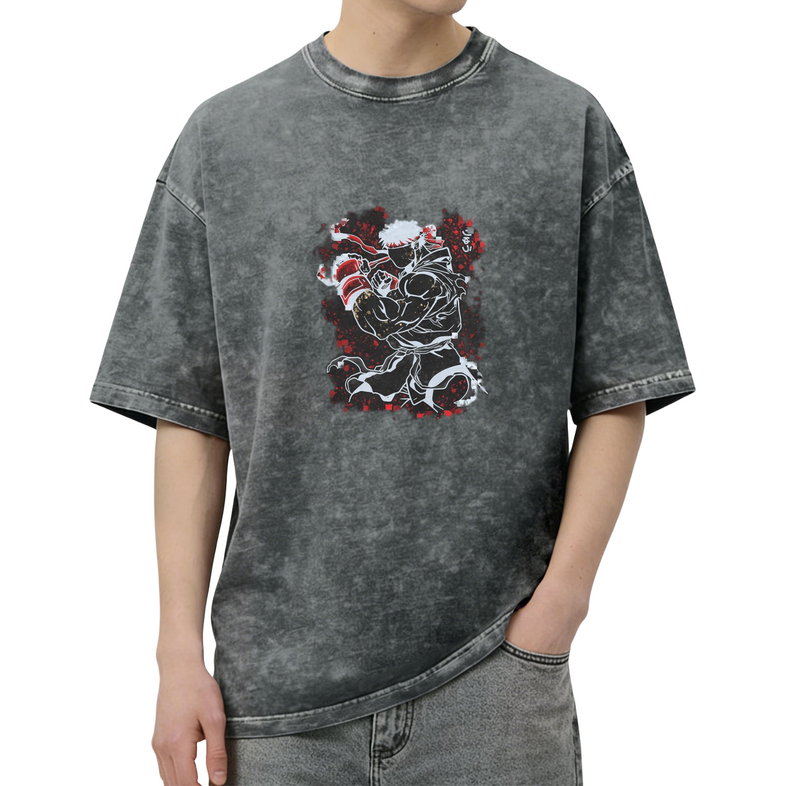 Oversized Dark Wash T-Shirt With Street Fighter Fighter Graphic