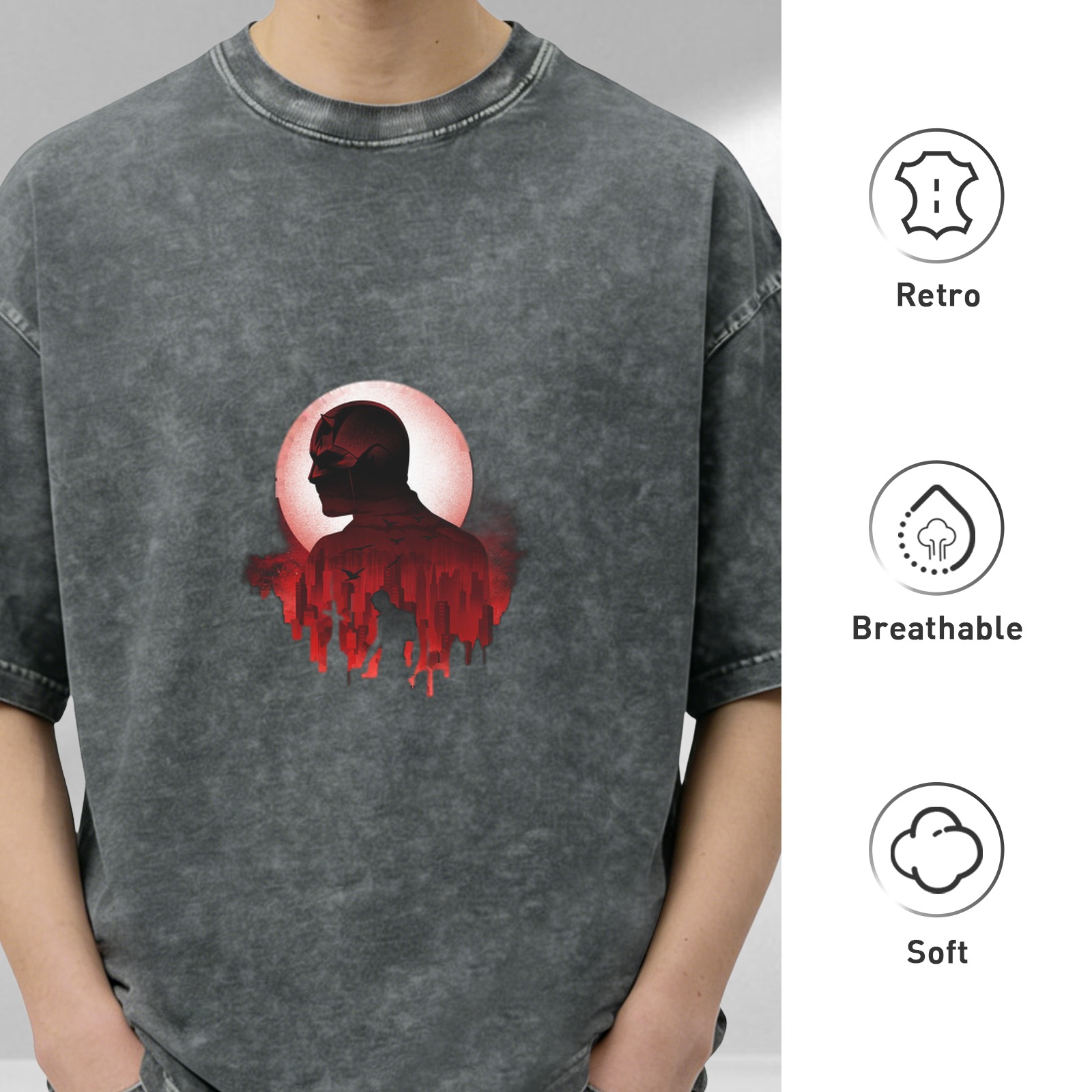 Washed Black T-Shirt with Superhero Silhouette and Red City Print