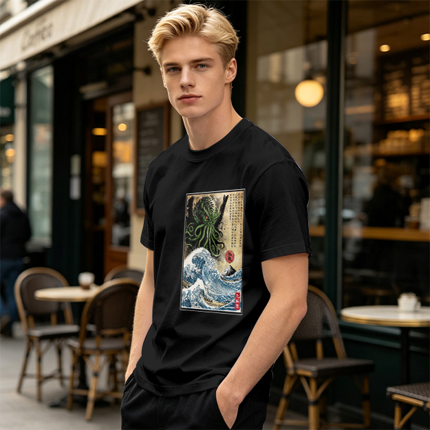 Olive T-shirt with Cthulhu Great Wave Japanese Art Print