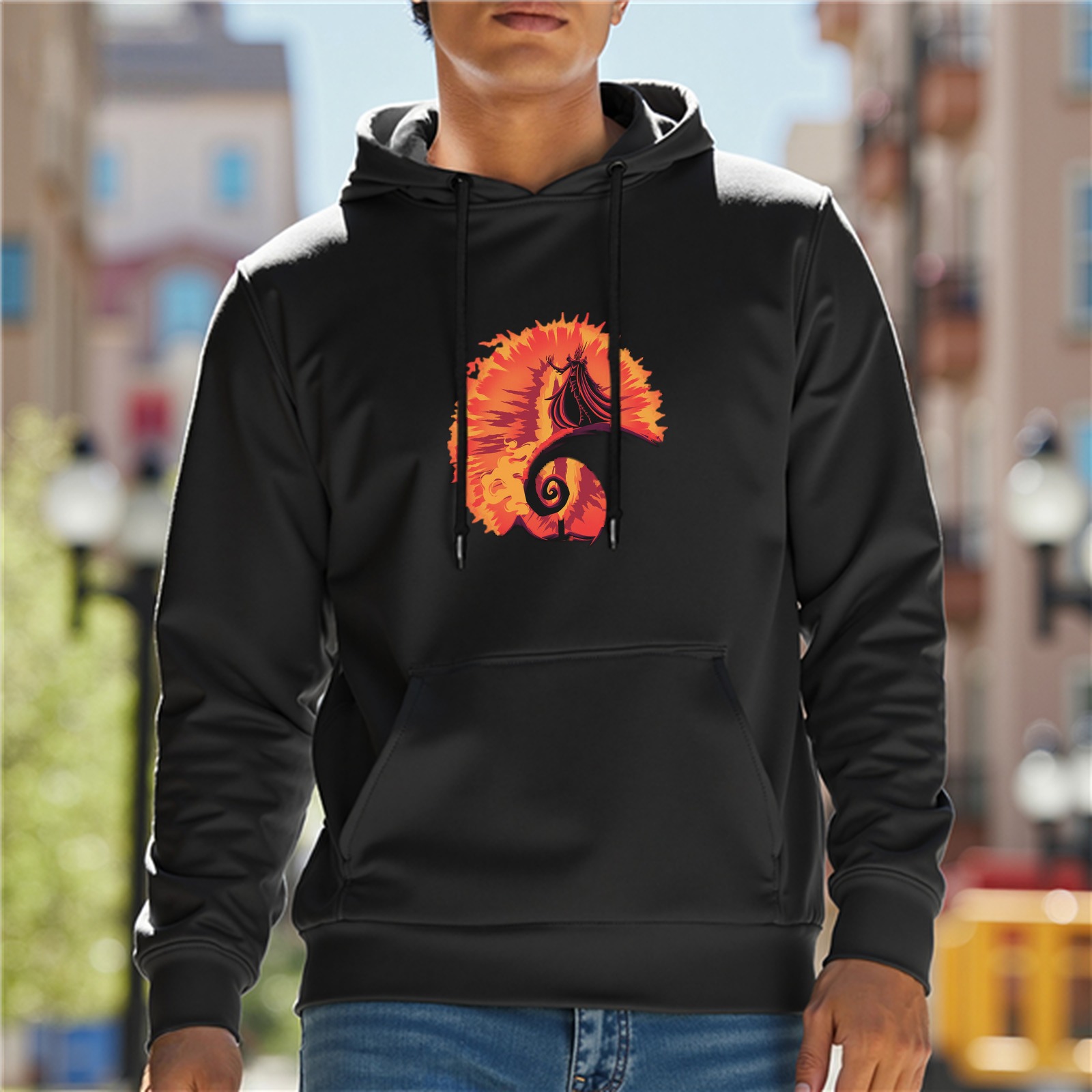 Black hoodie with fiery spiral and wizard silhouette graphic