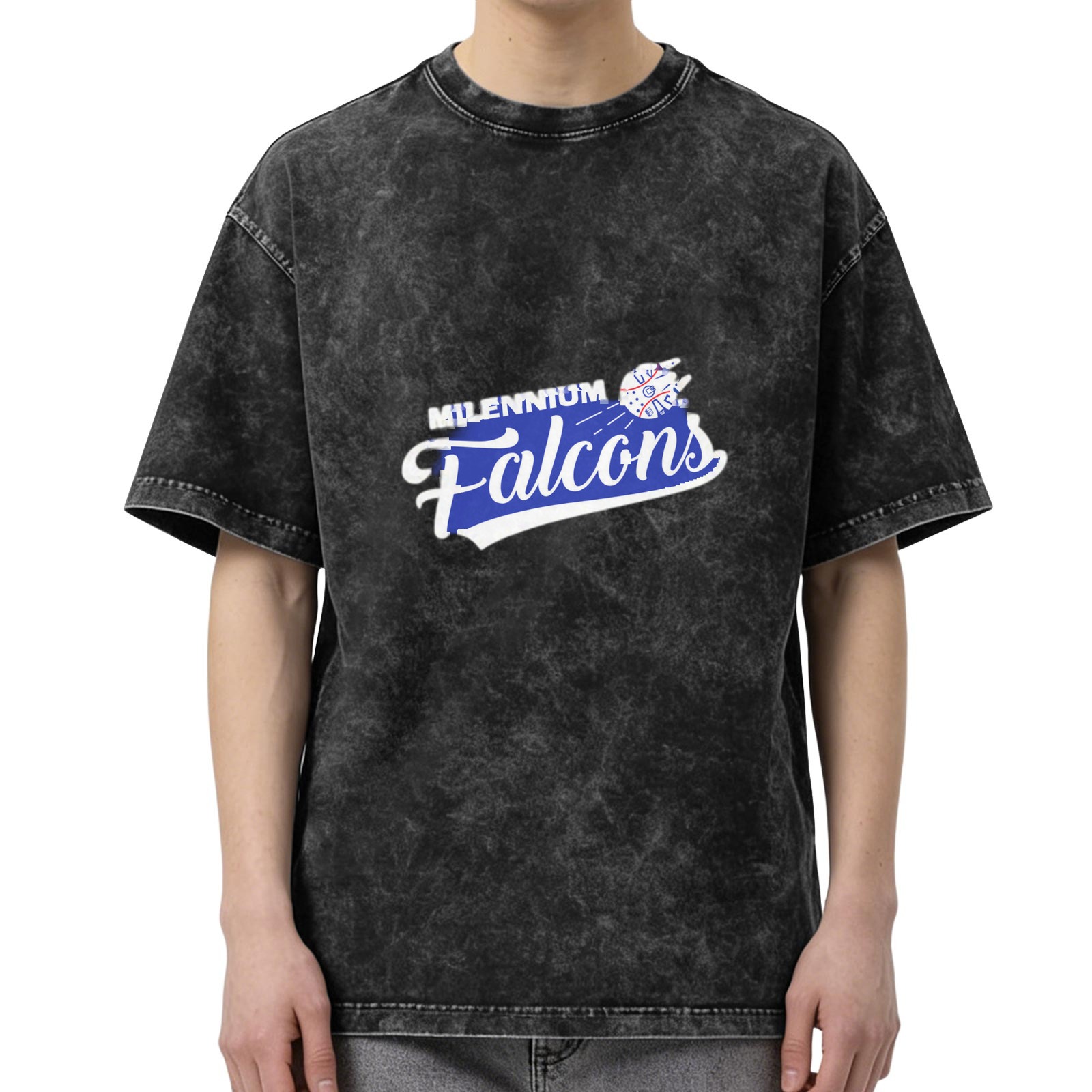 Washed Black Graphic T-Shirt with Millennium Falcons Print