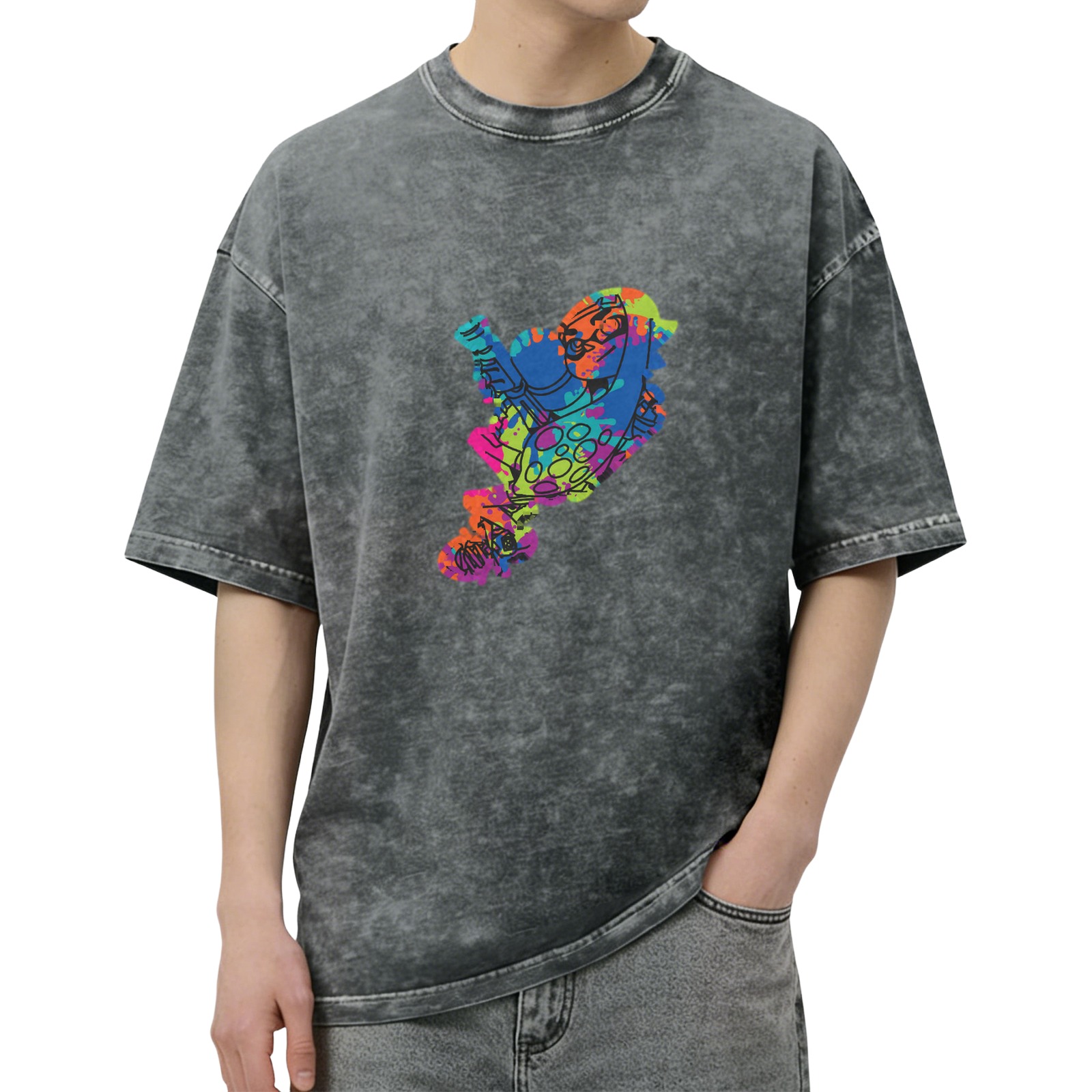 Acid Wash Black T-Shirt With Colorful Splatter Art Print