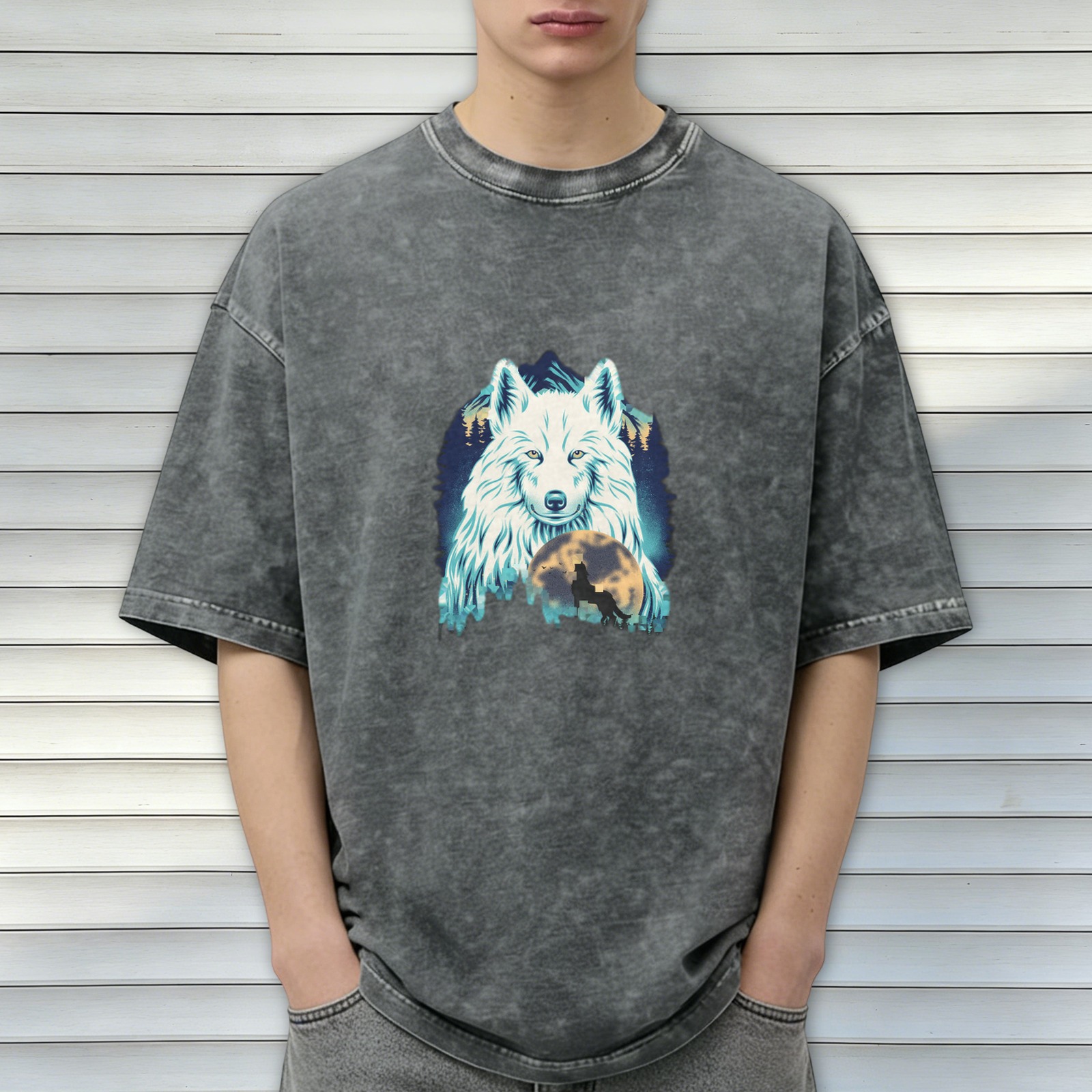 Oversized Dark Wash T-Shirt With White Wolf And Moon Graphic