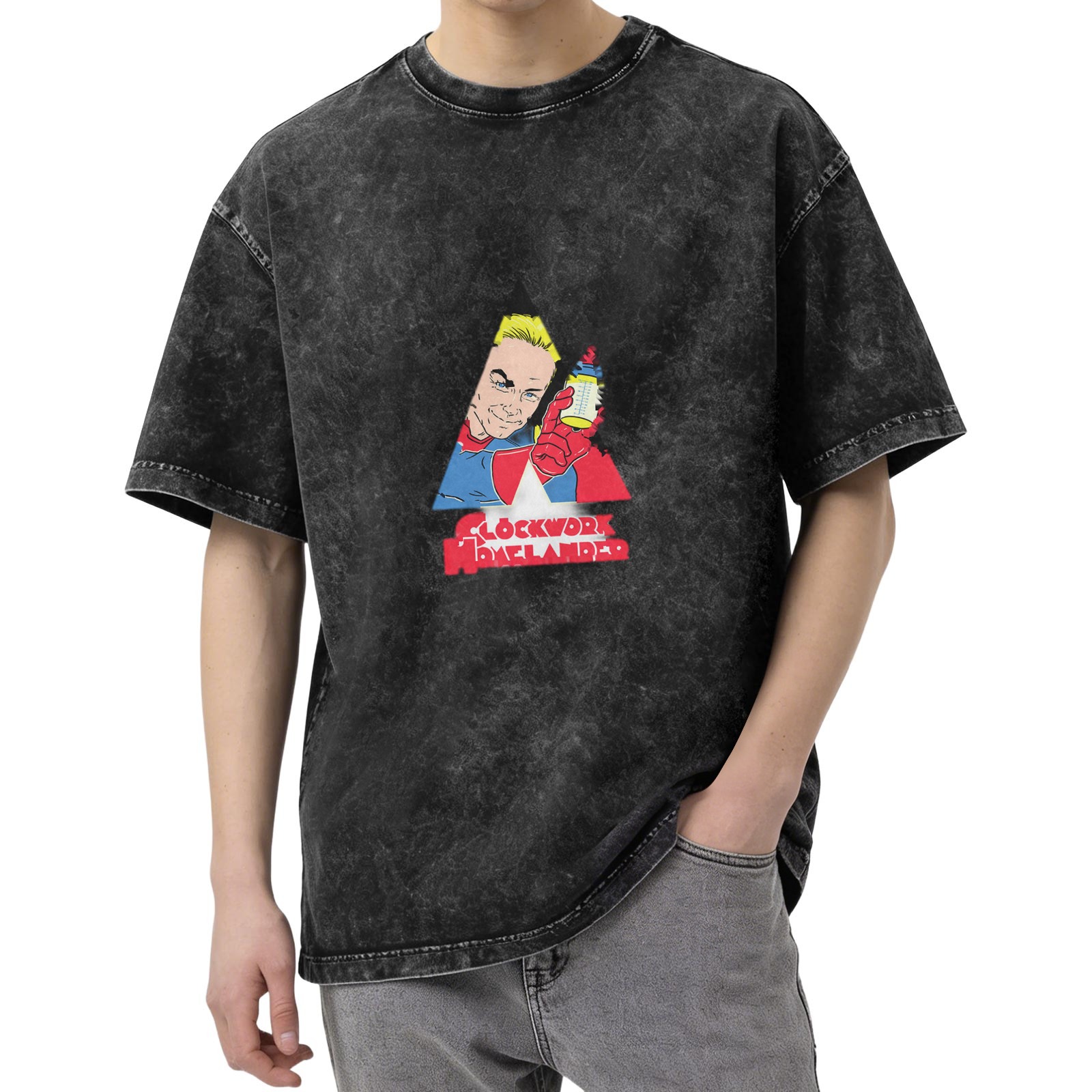 Oversized acid wash t-shirt with Clockwork Homelander graphic print