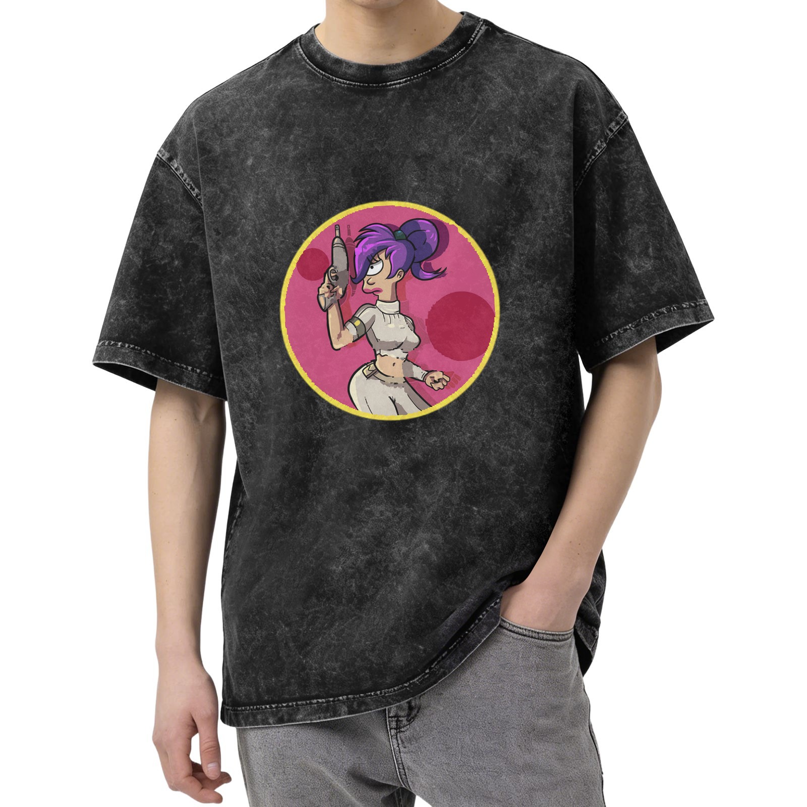 Washed black graphic tee with futuristic space character print