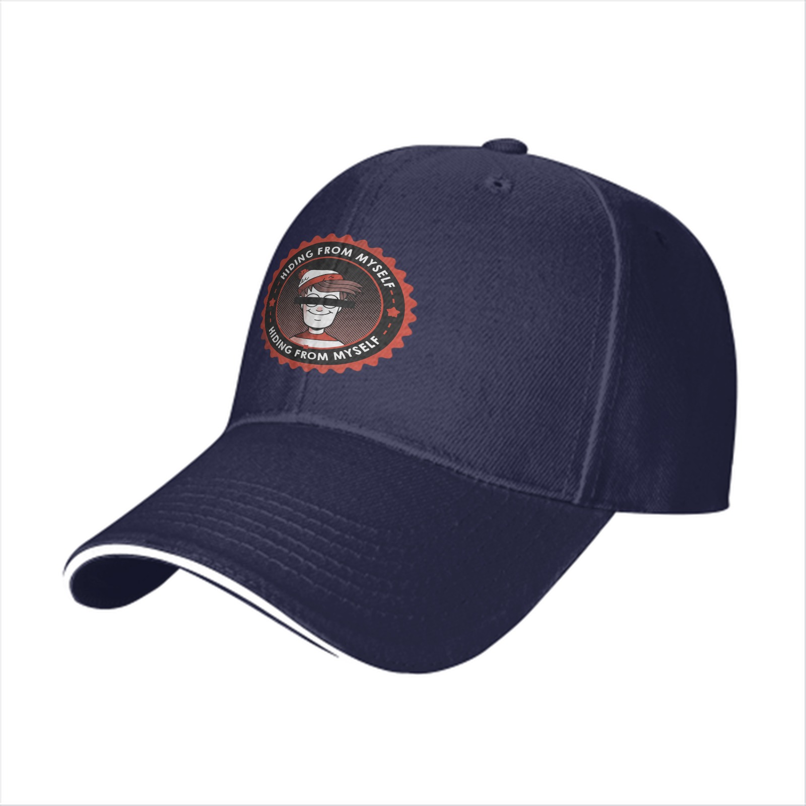 Black baseball cap with 'Hiding From Myself' Waldo-style graphic