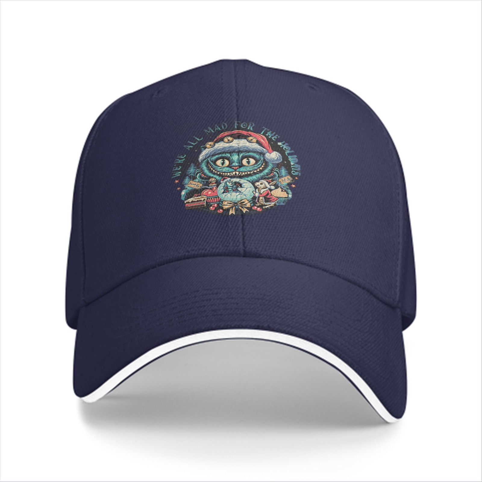 Black Baseball Cap With Cheshire Cat Holiday Christmas Print