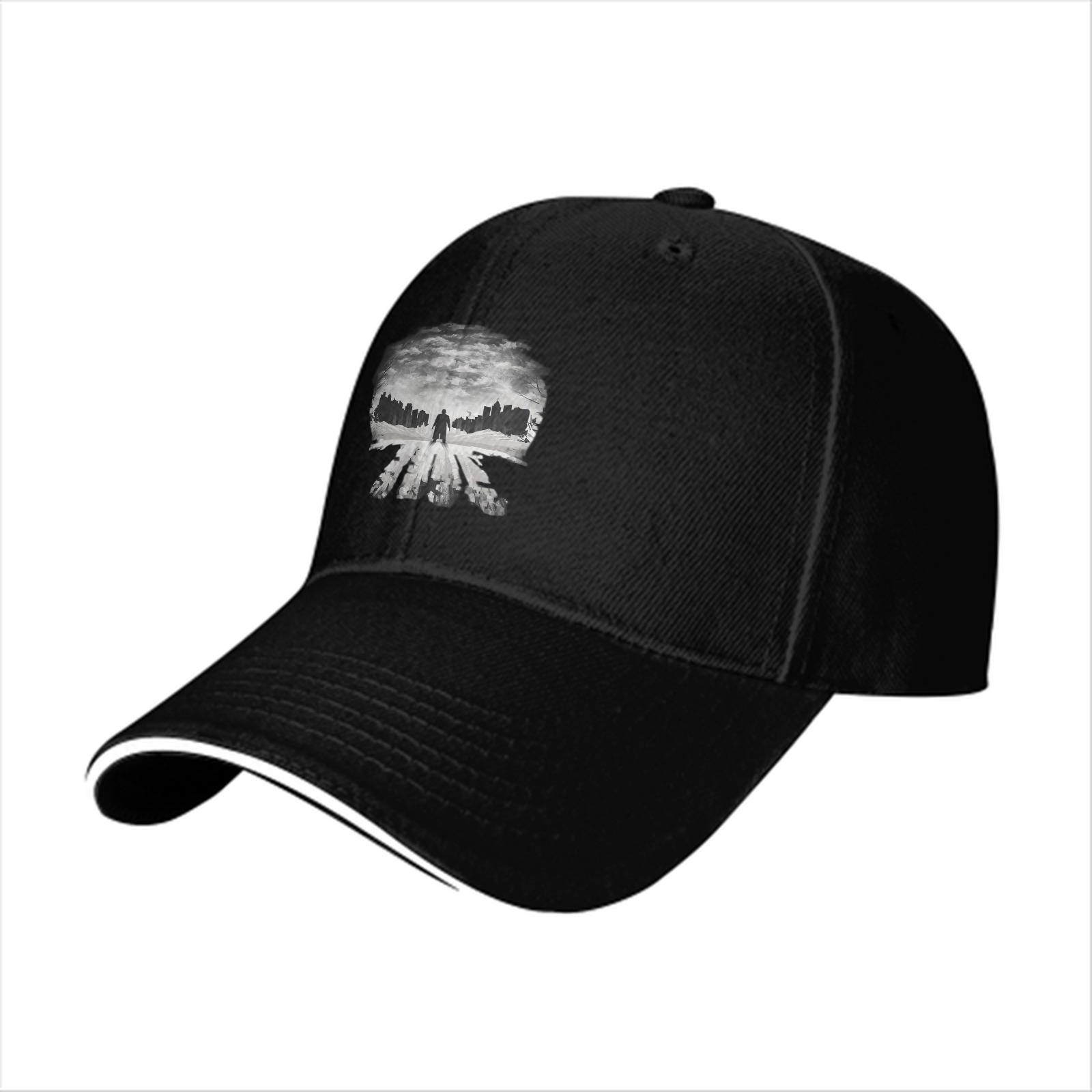 Black baseball cap with Punisher skull cityscape graphic