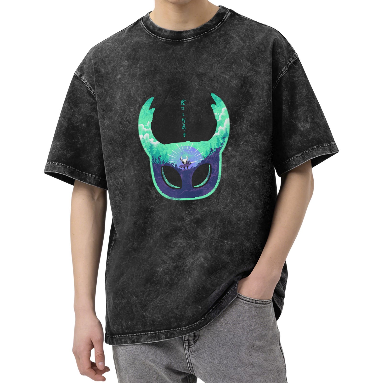 Oversized Dark Wash T-Shirt With Hollow Knight Mask Art Print