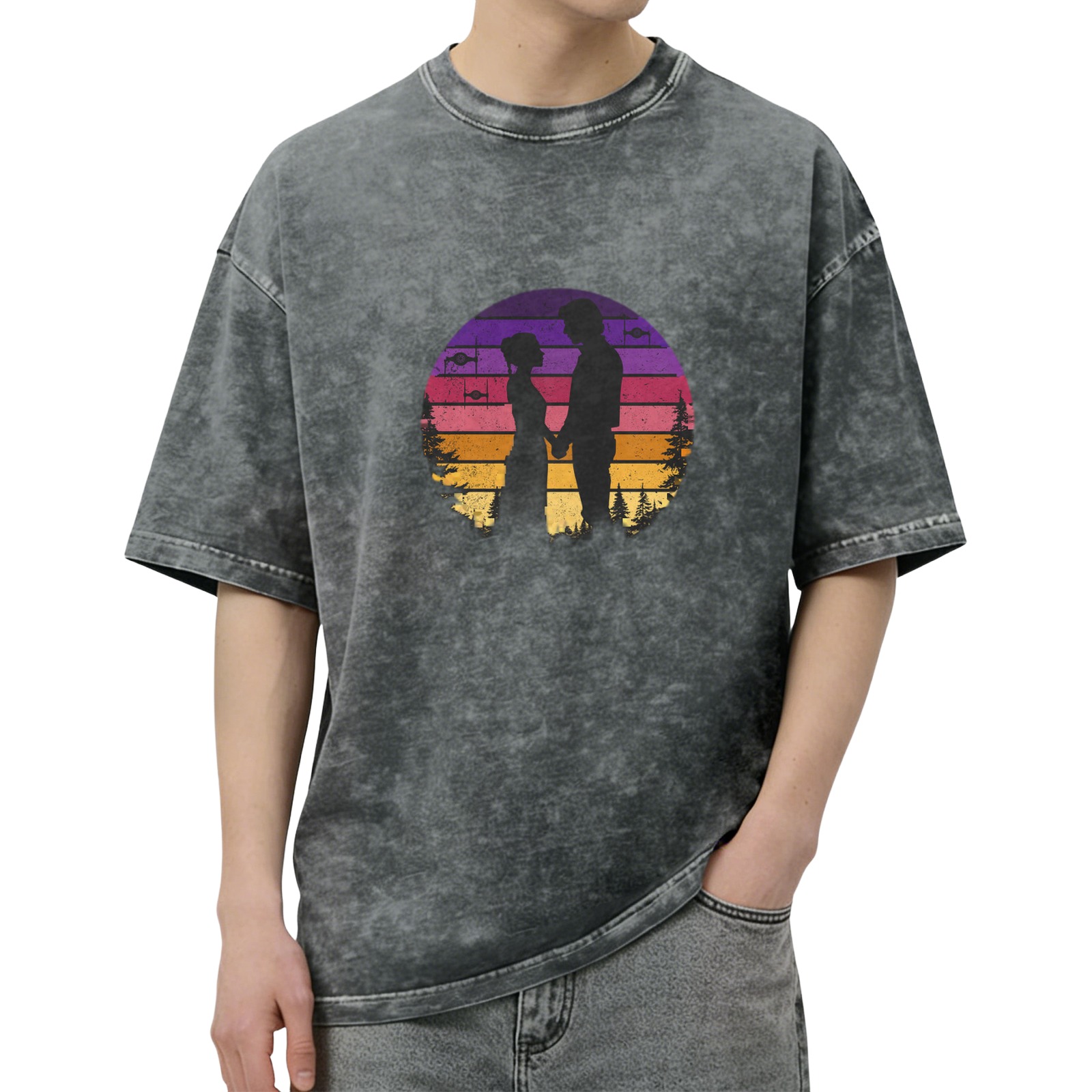 Washed Black T-Shirt with Retro Sunset Couple Silhouette Graphic