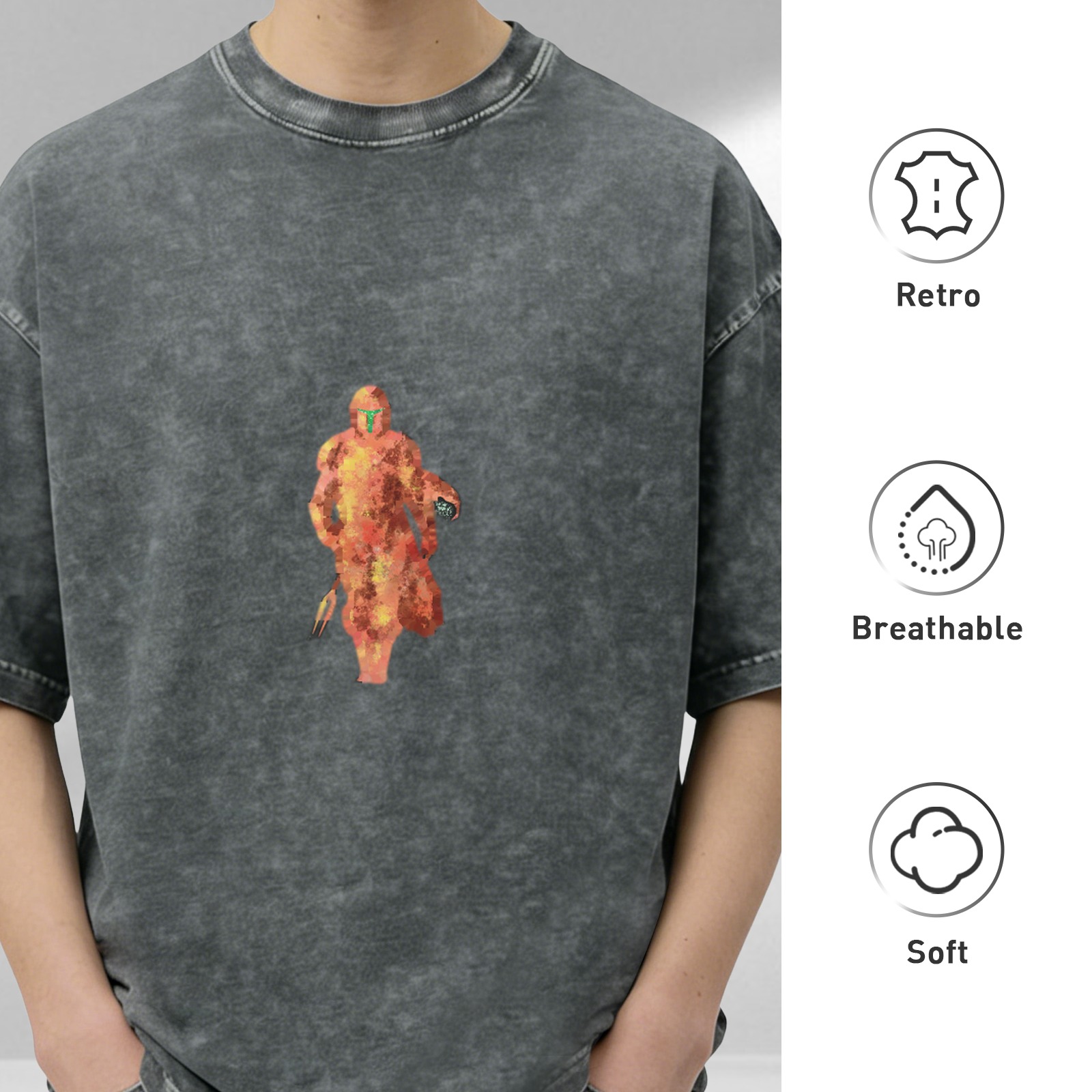 Oversized Black Acid Wash T-Shirt with Fiery Warrior Graphic