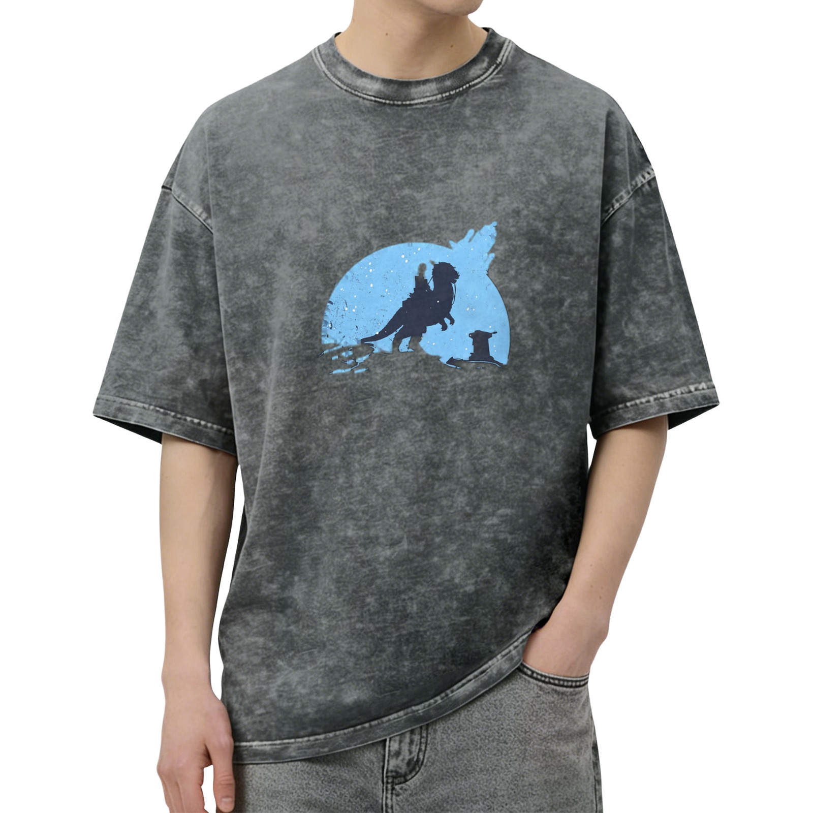 Washed Black T-Shirt With Sci-Fi Creature Rider Silhouette Graphic