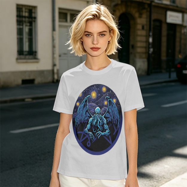 Olive T-Shirt with Cthulhu Starry Night Graphic Print