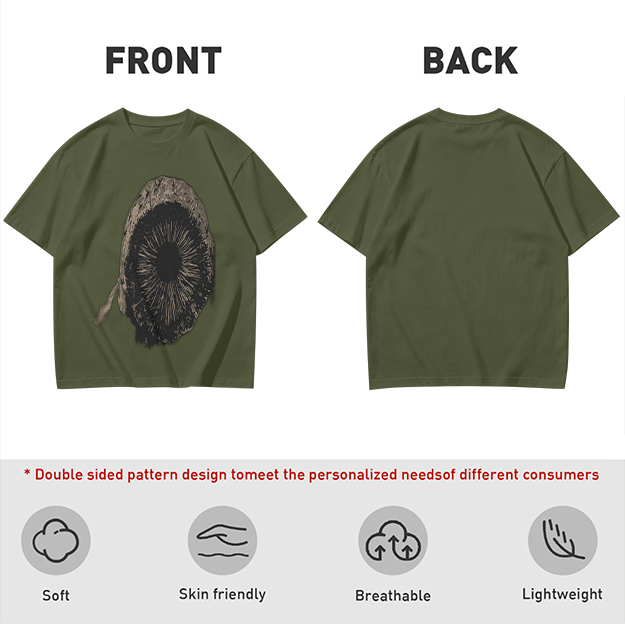 Olive Green T-Shirt With Mushroom Spore Print Graphic