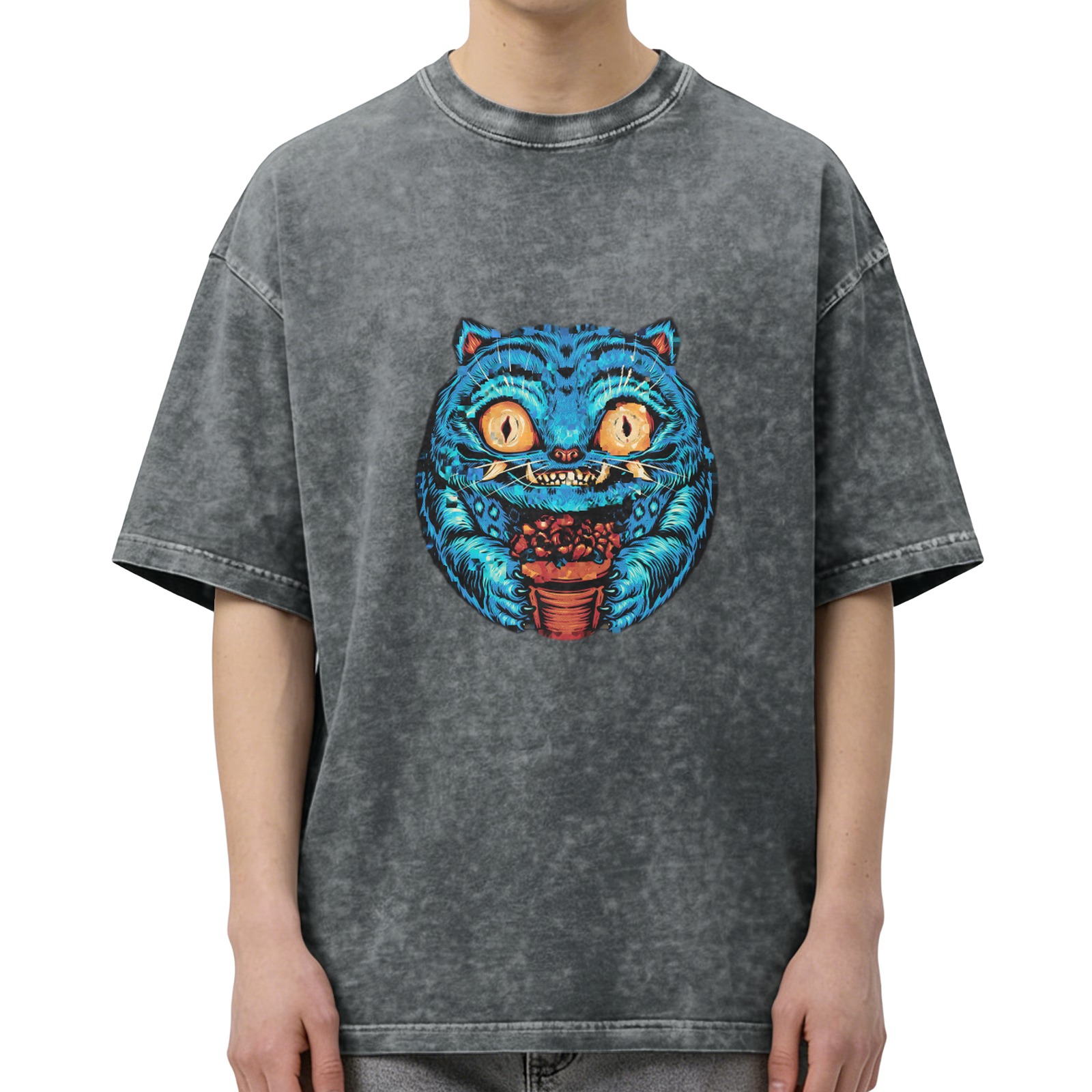 Washed Black Oversized T-Shirt With Blue Cheshire Cat Graphic