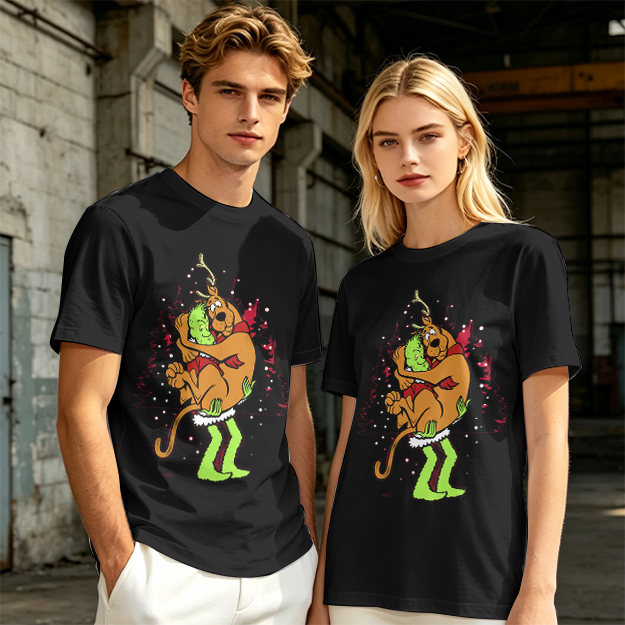 Olive Christmas T-Shirt Featuring Scooby-Doo Hugging The Grinch