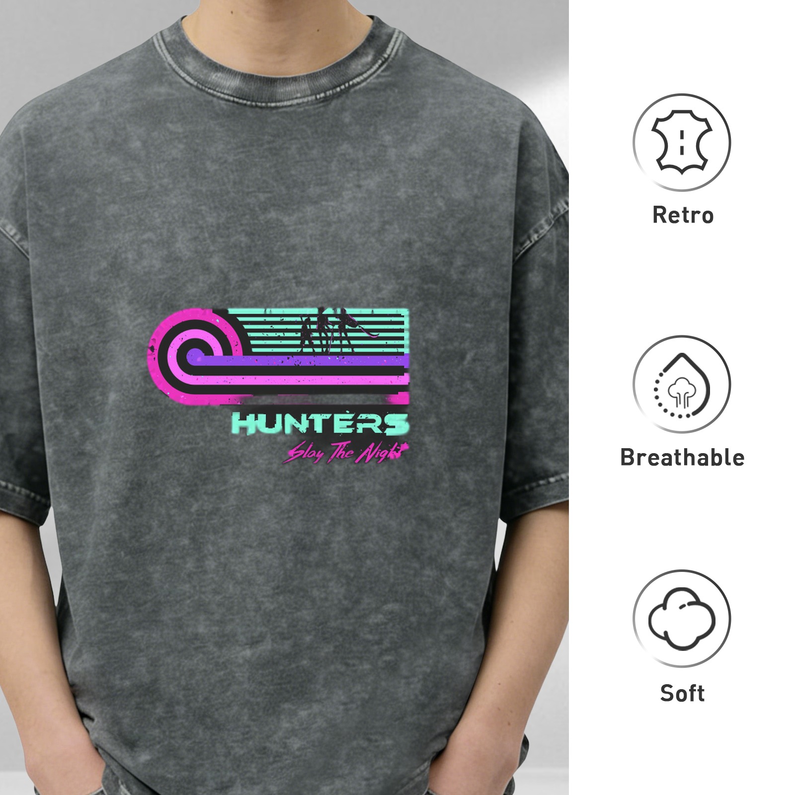 Washed Black T-Shirt with Retro Hunters Slay The Night Graphic