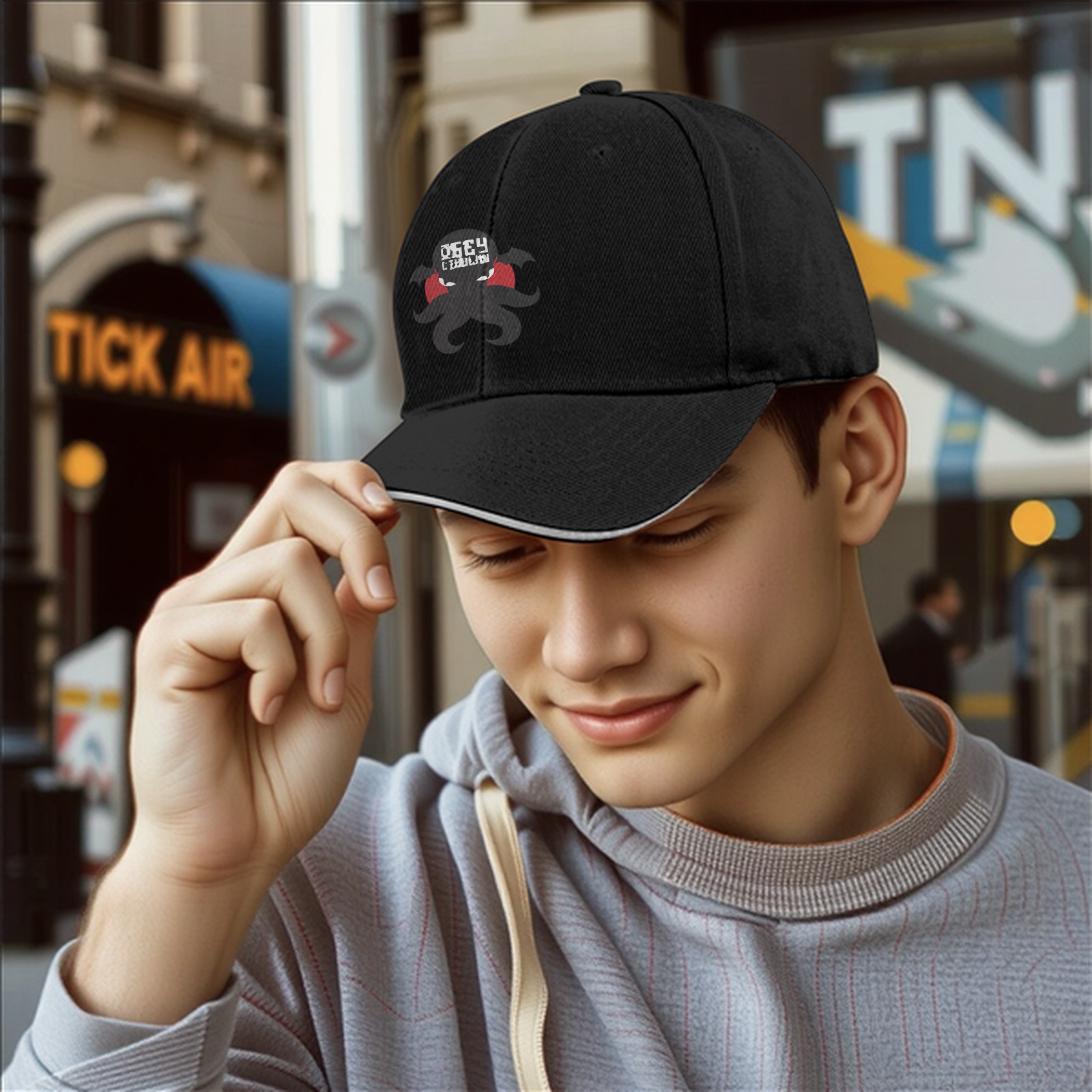 Black Baseball Cap With Octopus Graphic And Text Print