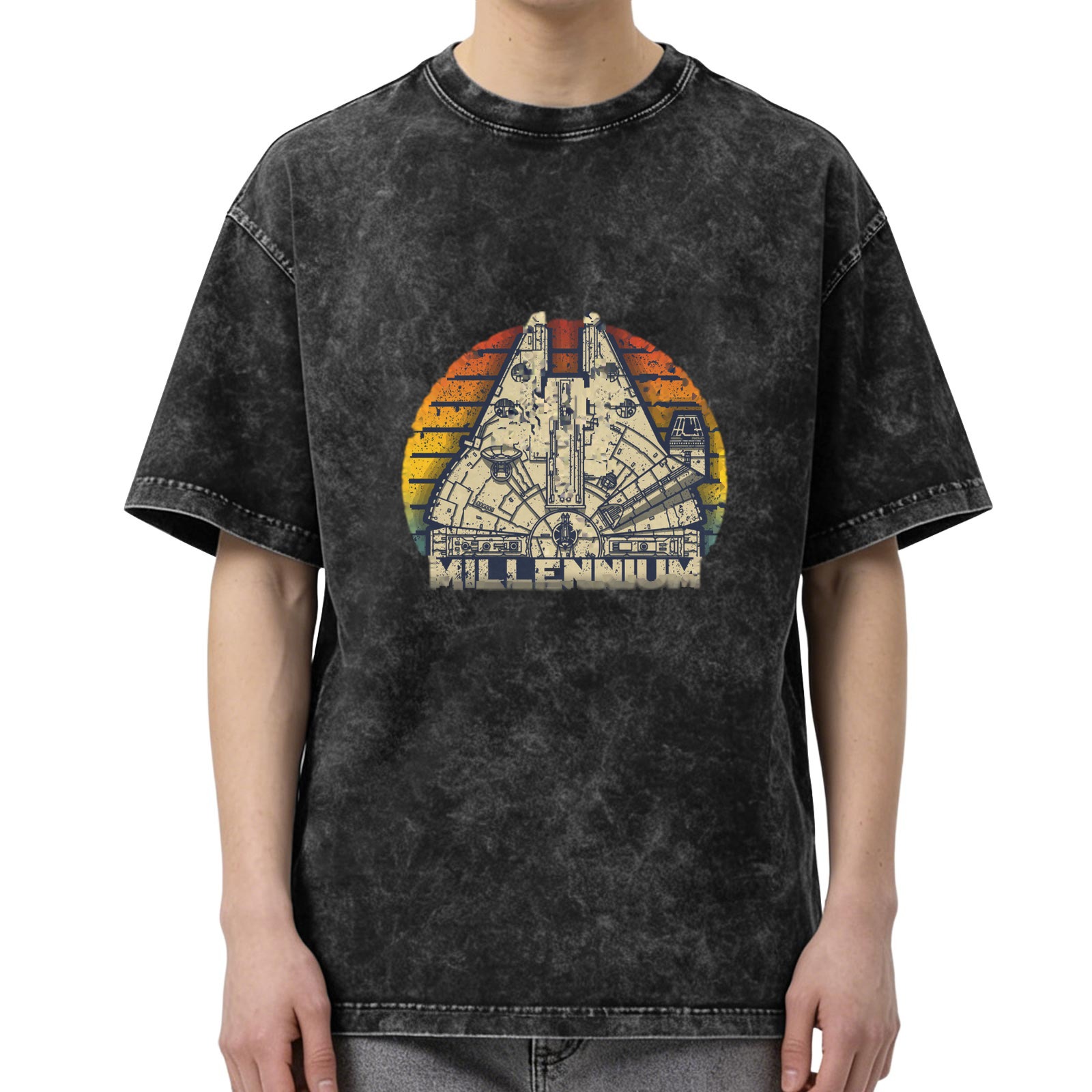 Washed Black T-Shirt with Millennium Falcon Retro Sunset Graphic