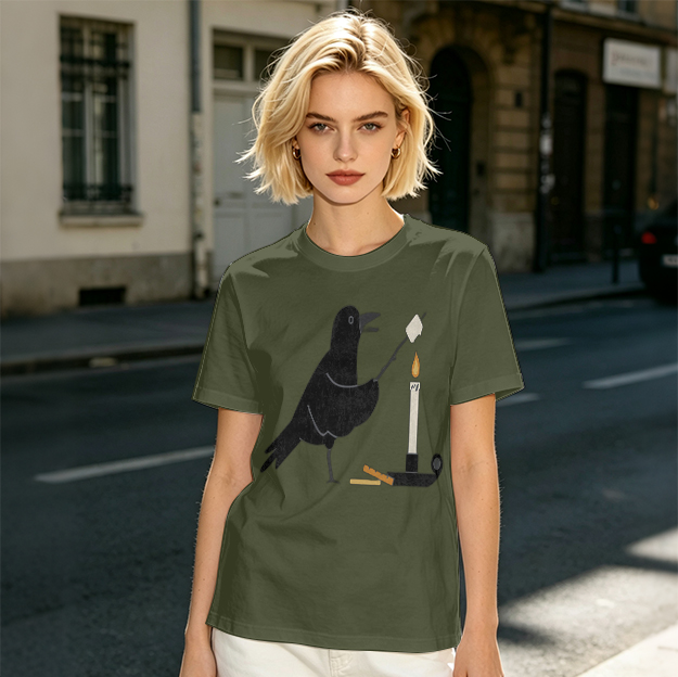 Olive T-Shirt With Crow Roasting Marshmallow Over Candle Print