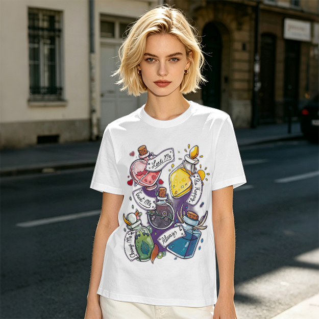 Olive T-Shirt With Magical Potion Bottles Graphic Design