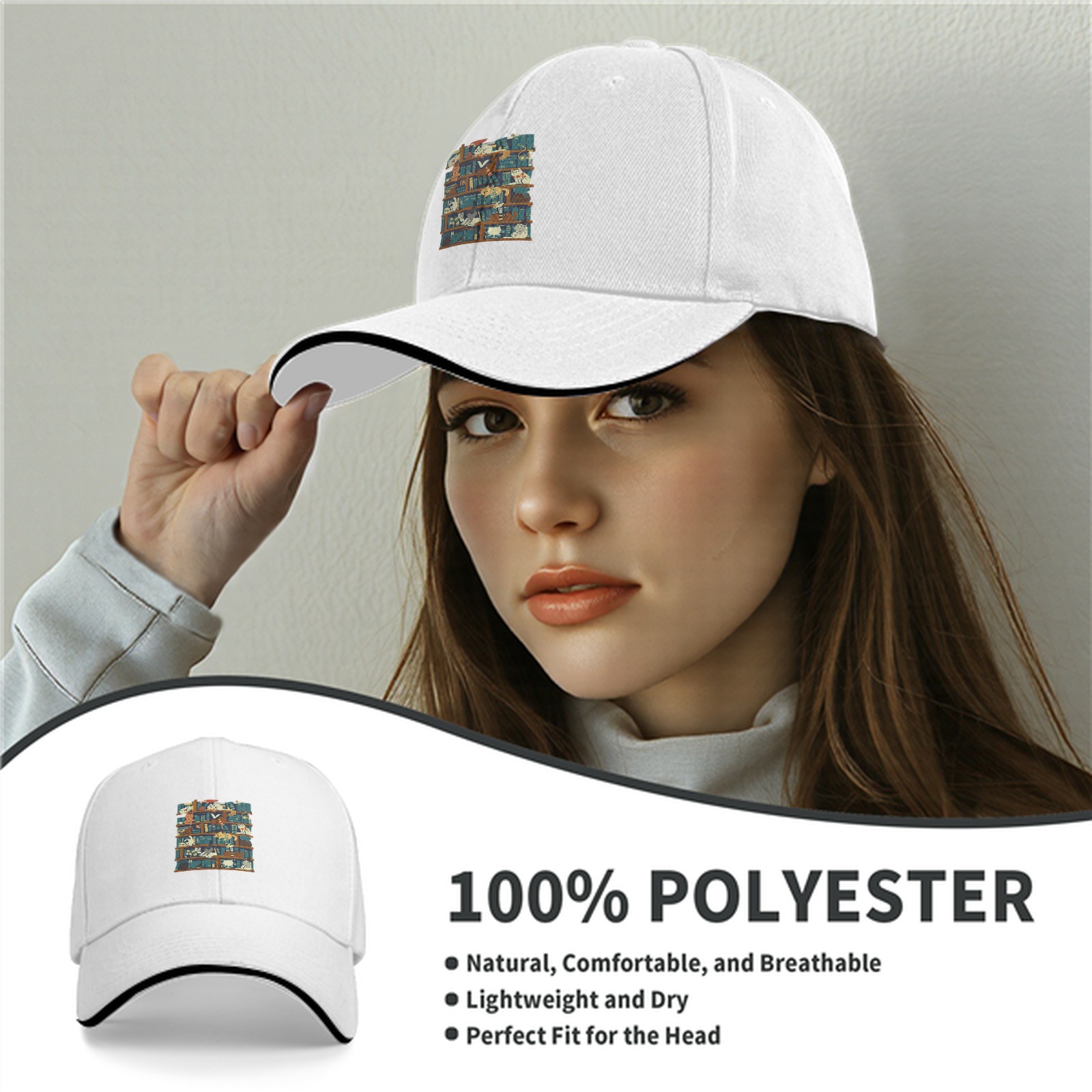 Black Baseball Cap With Playful Cats On Bookshelf Graphic