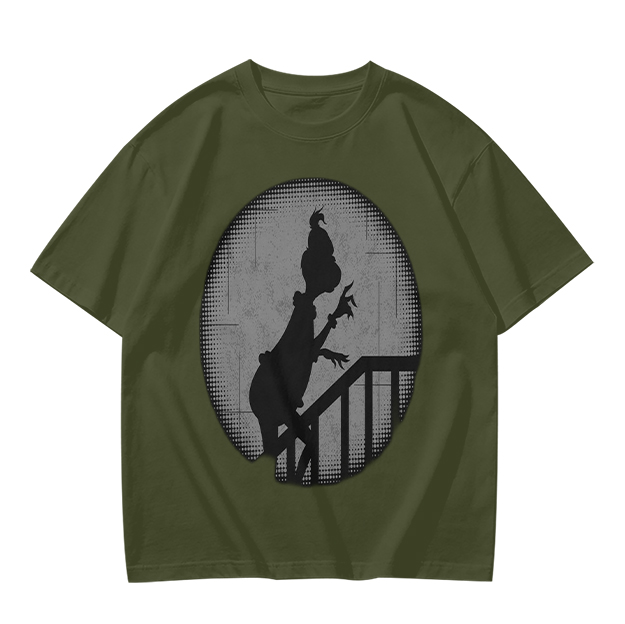 Olive Green T-Shirt With Grinch Silhouette On Staircase Print