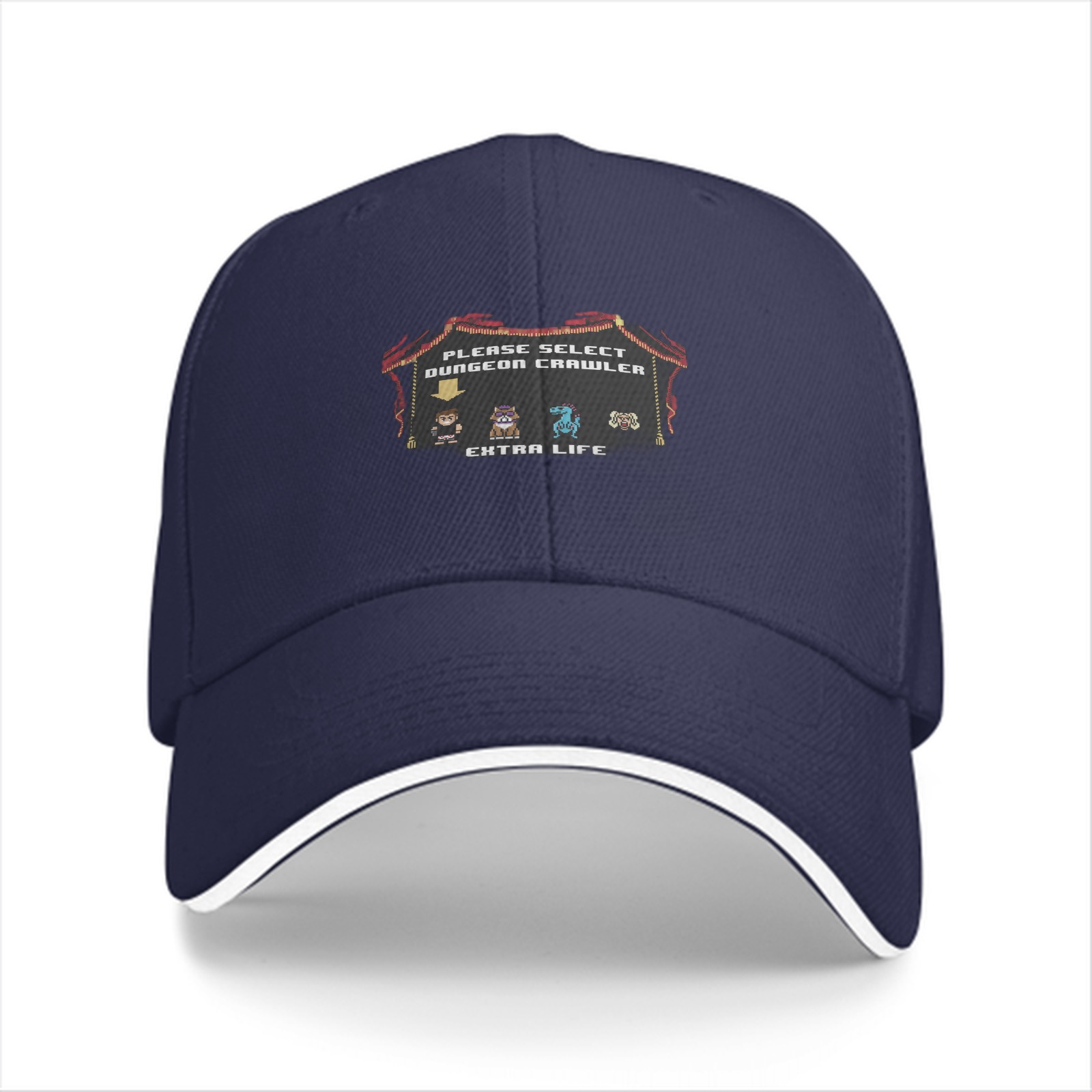 Black baseball cap with dungeon crawler character select design
